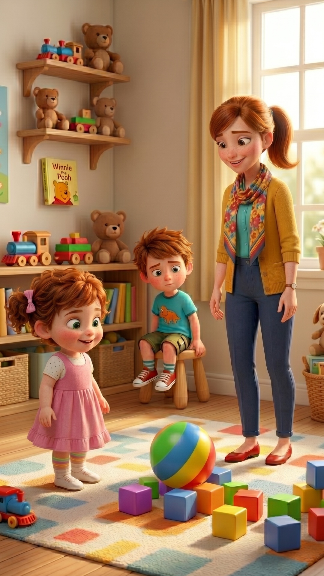 3D animation, Pixar style. A bright and cozy nursery filled with toys. Start state: Miss Emily (a...