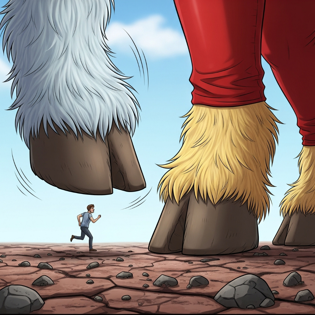 She is crushing the tiny guy under her hoof. Some little Red splatters appear under her hoof.