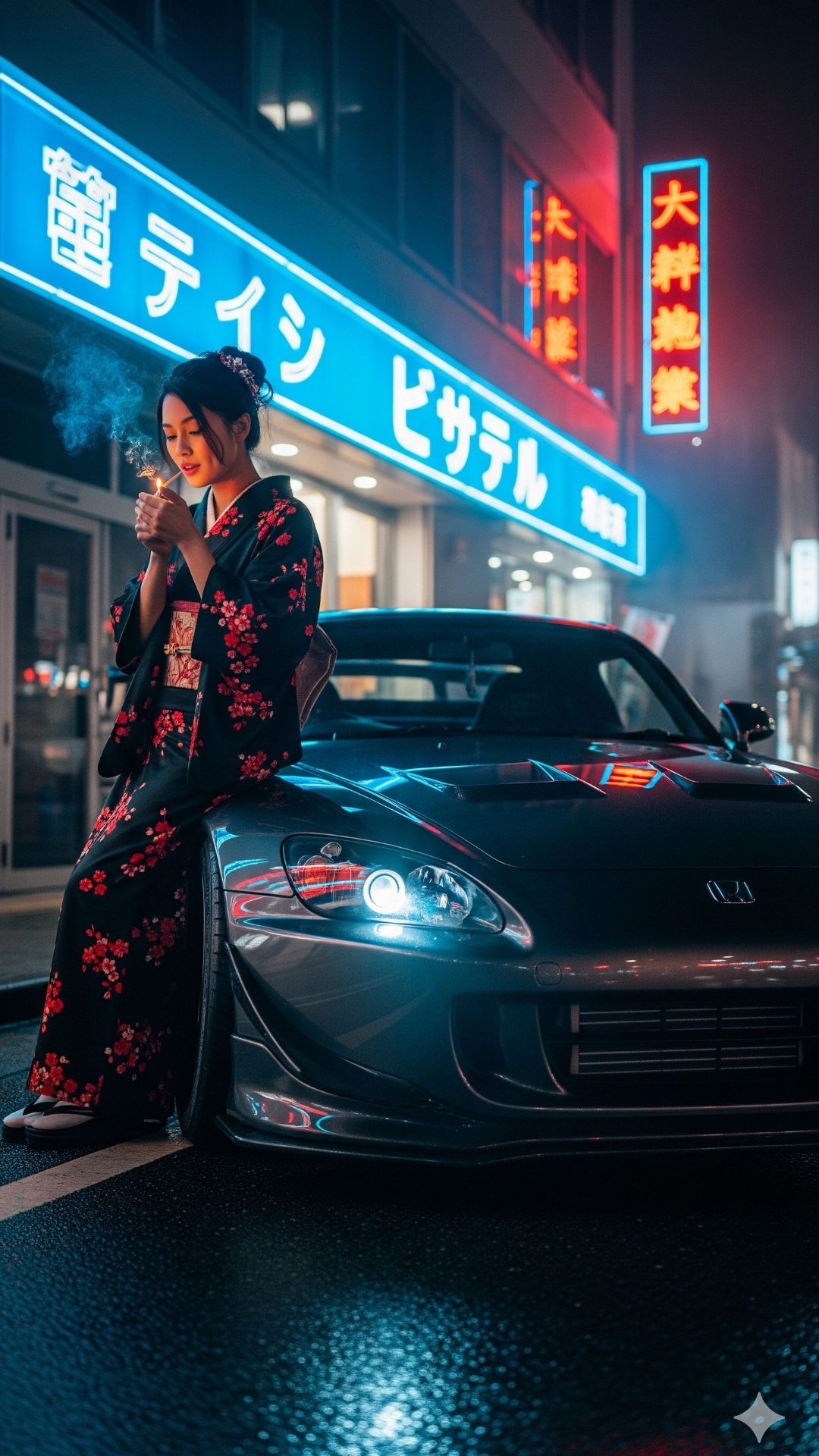 wanita sedang menyalakan rokok dengan elegan anggun, lampu mobil menyala dramatis, kabut tipis me...