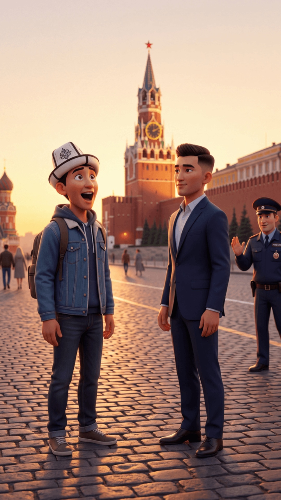 70% Pixar 3D animation 30% cinematic 4K, 9:16,
Red Square Moscow, Kremlin Spasskaya tower, sunse...