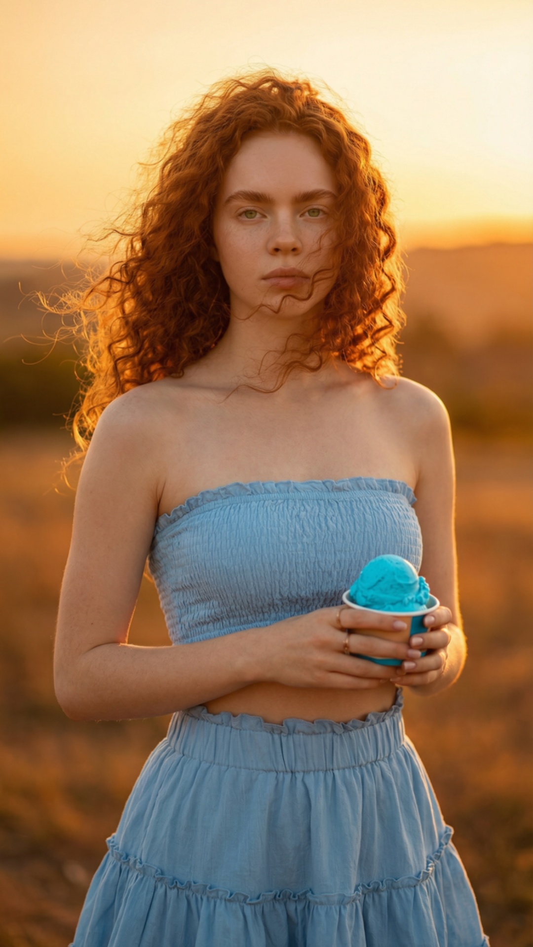 The camera remains in the same position.
Subtle slow push-in.
Soft natural wind gently moves her ...
