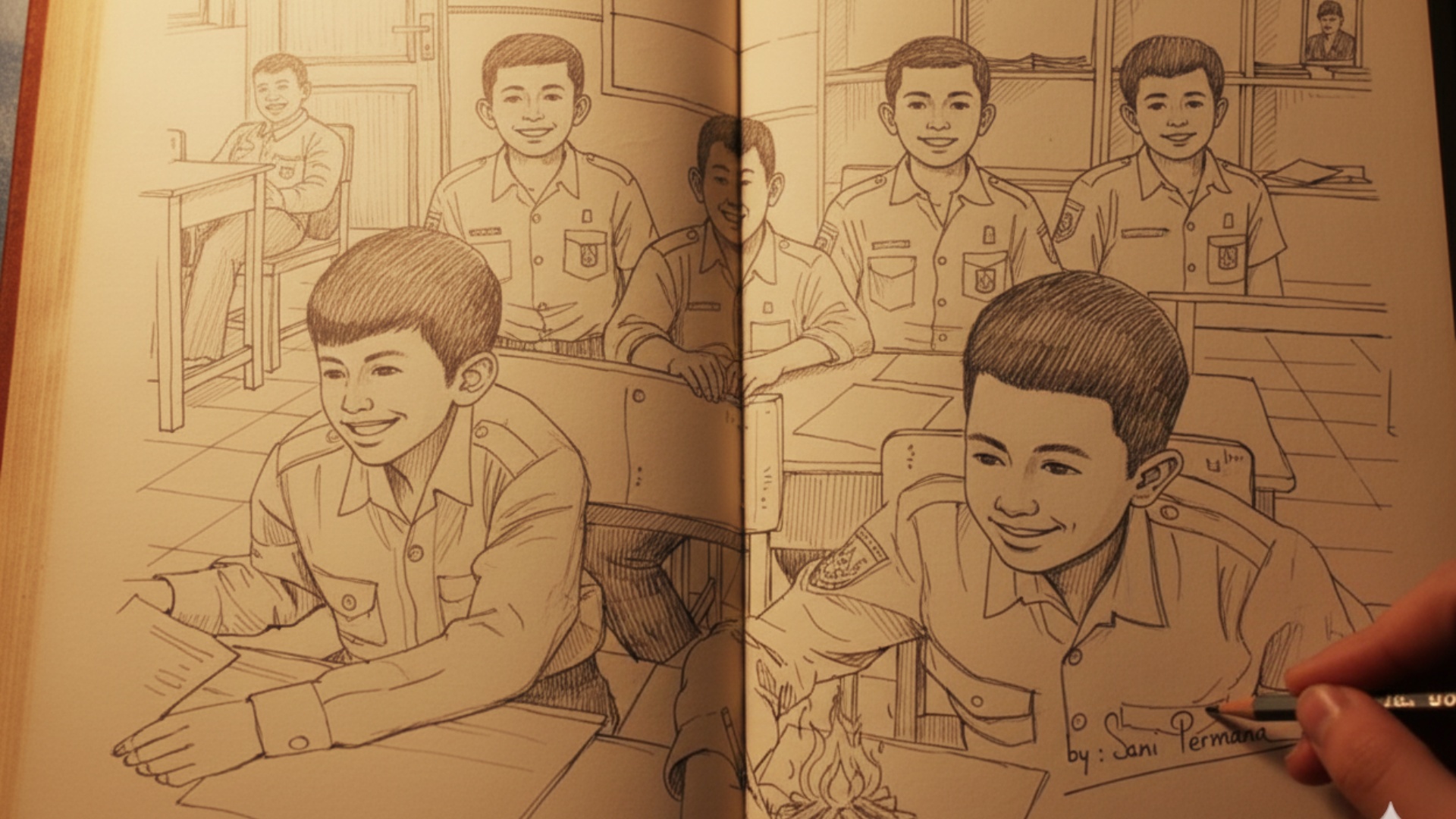 Subject: Seluruh murid kelas 5B  
Context: Di dalam ruang kelas yang cerah dan penuh semangat  
A...