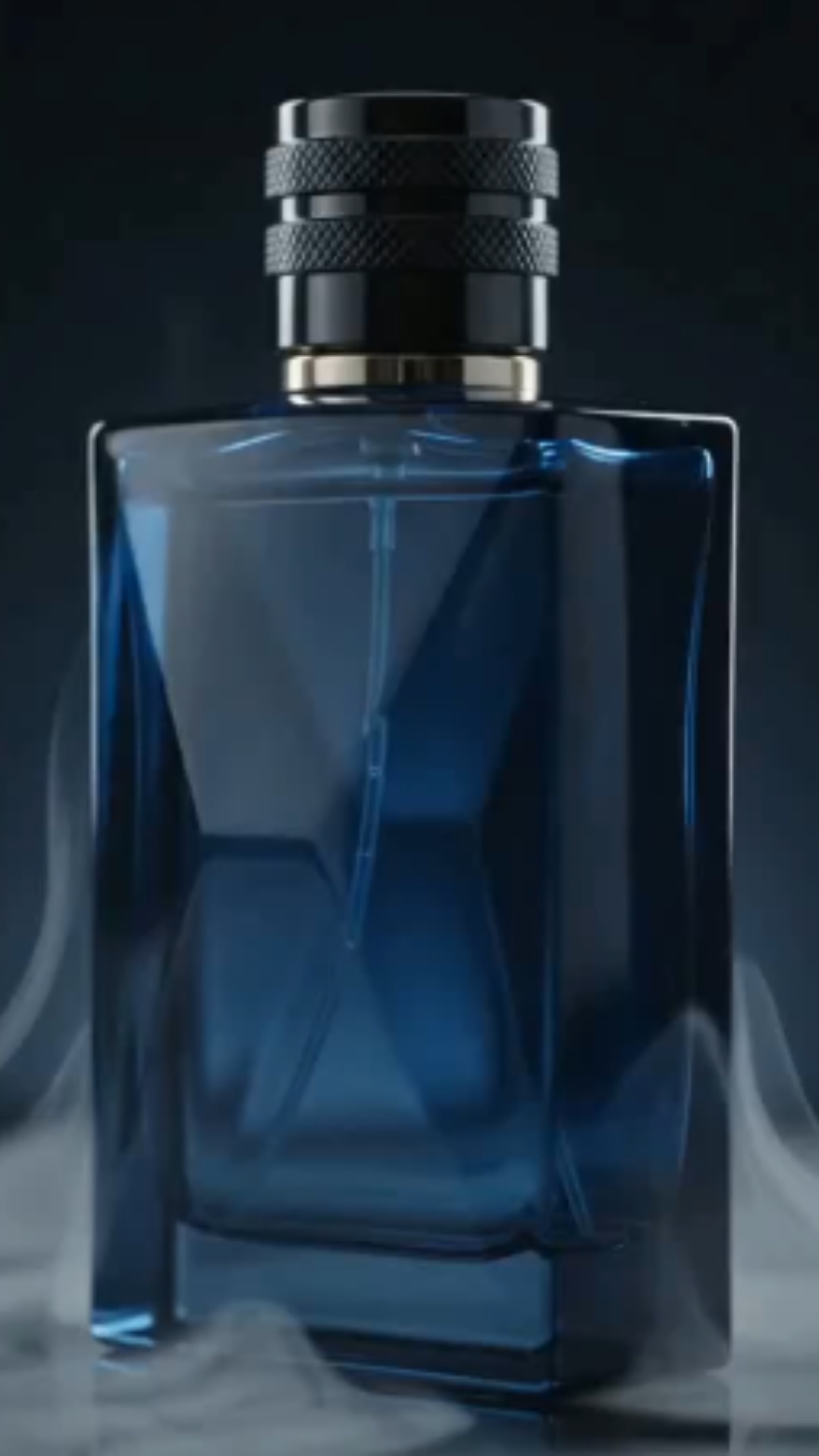 The bottle stands on a glossy black reflective surface surrounded by soft drifting mist. The deep...