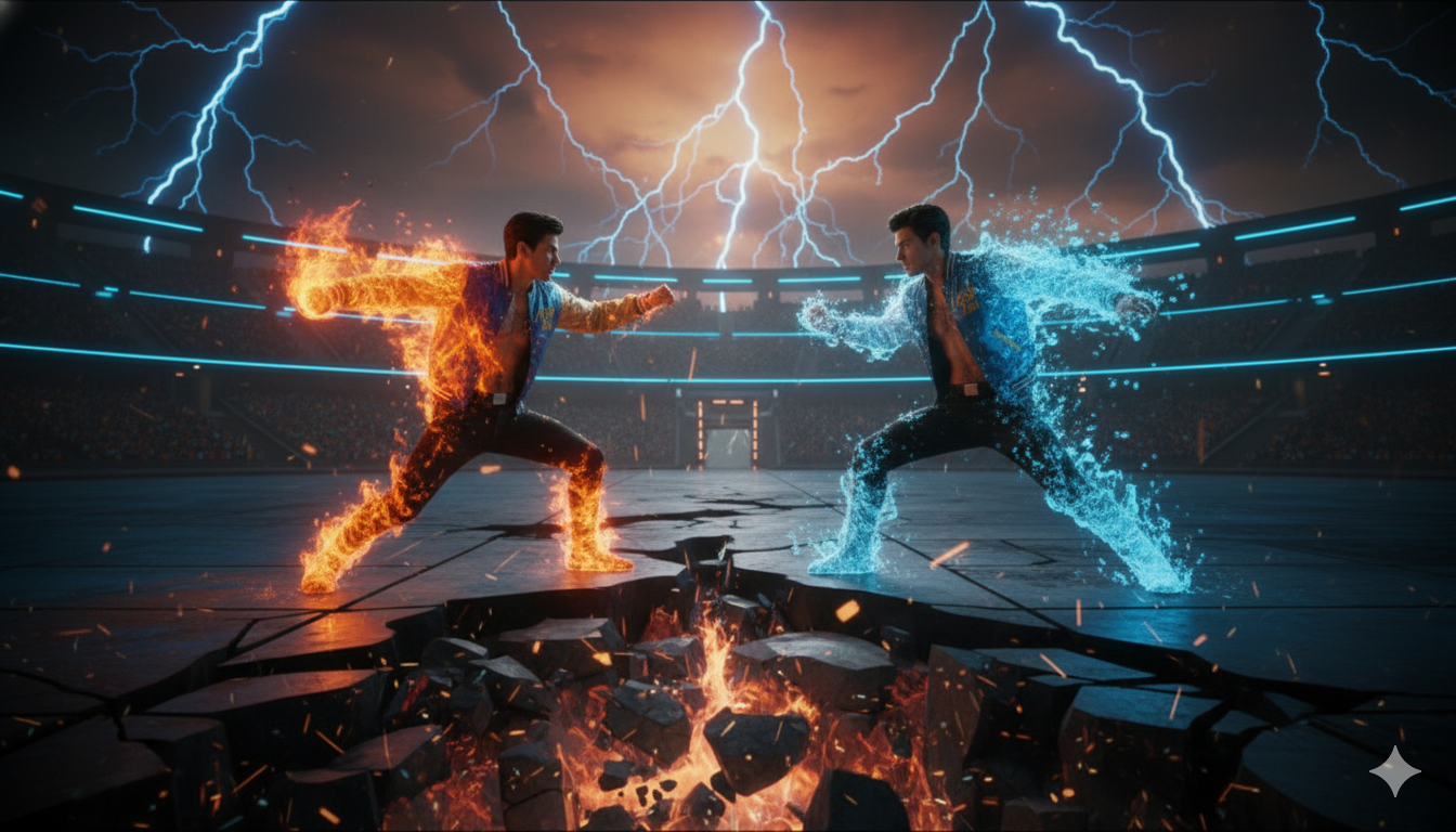 Epic elemental battle. RAVA Api launches firestorms from the sky, RAVA Air counters with tidal wa...