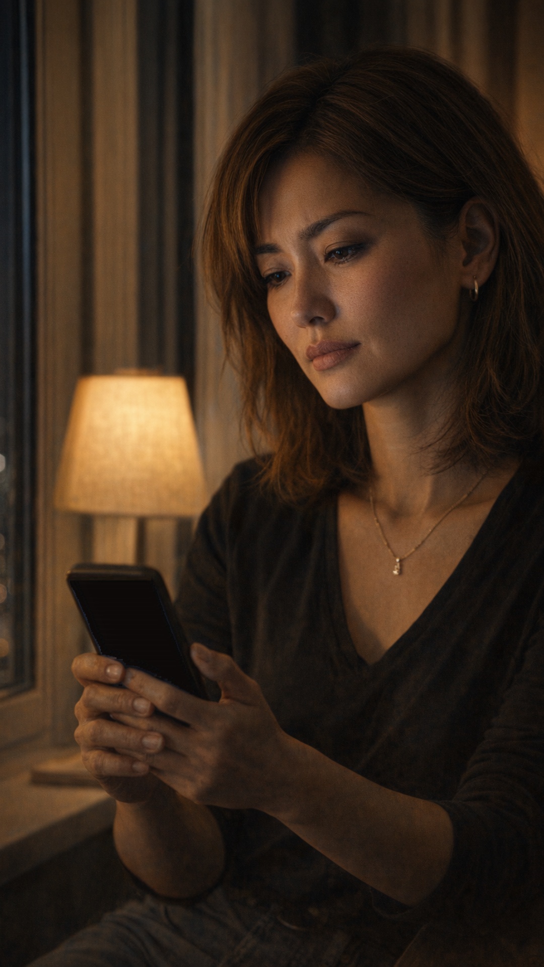 A realistic Kyrgyz woman sits alone at night in a rented Moscow apartment, quietly holding a phon...