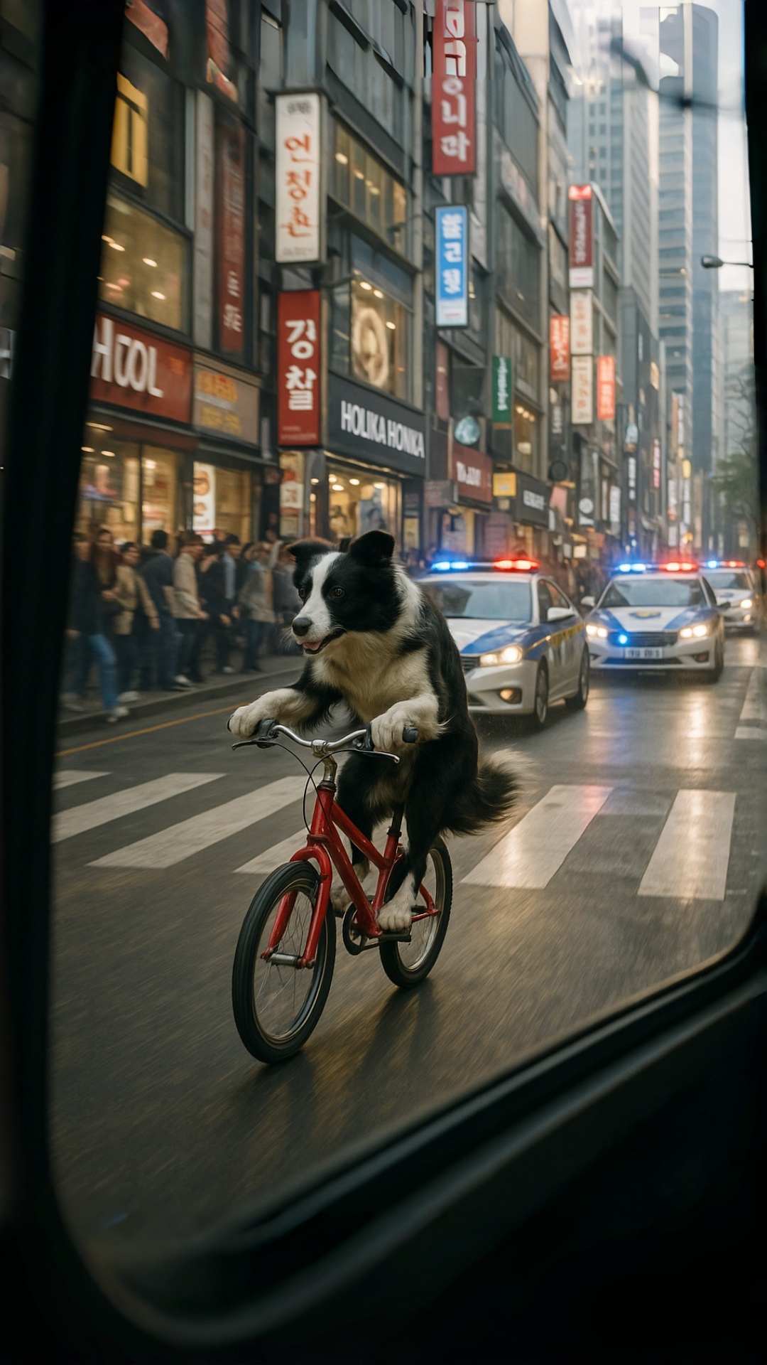 A cinematic ultra-realistic video set in a busy Korean city street.
A border collie is desperatel...
