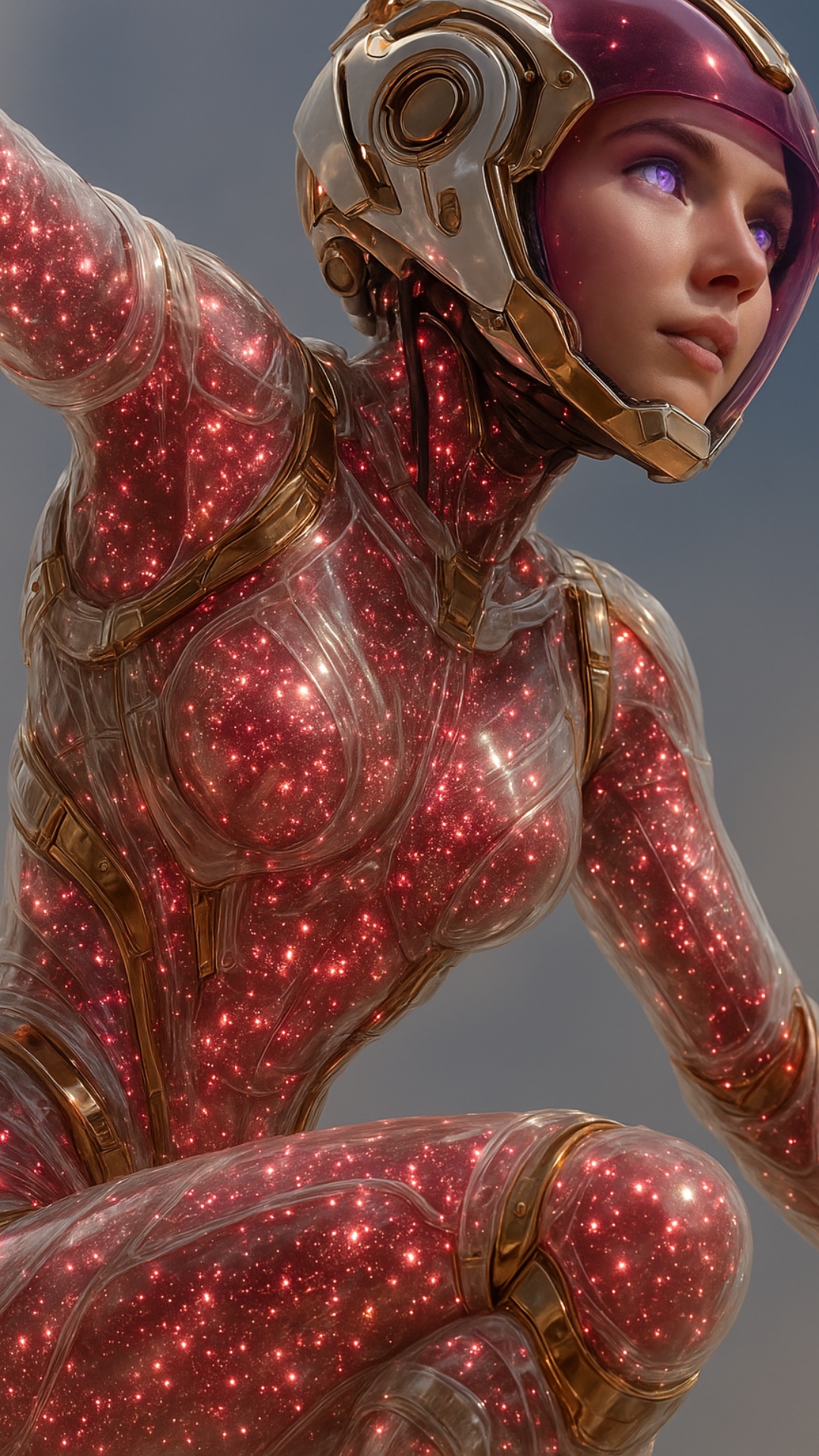 A close-up cinematic shot of a futuristic female space explorer in a translucent suit filled with...