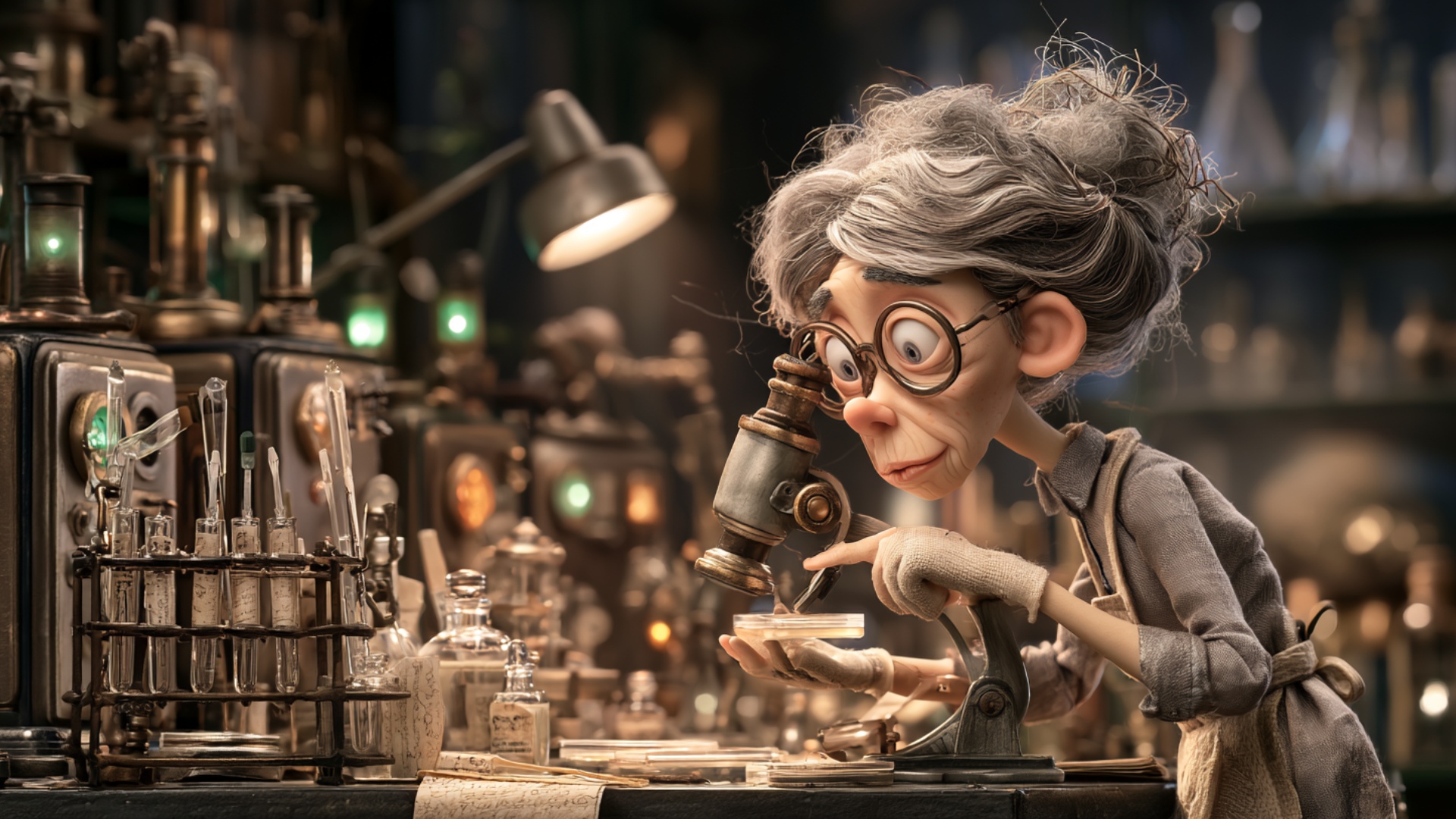 The female laboratory technician remains leaning naturally toward the microscope. With one hand s...
