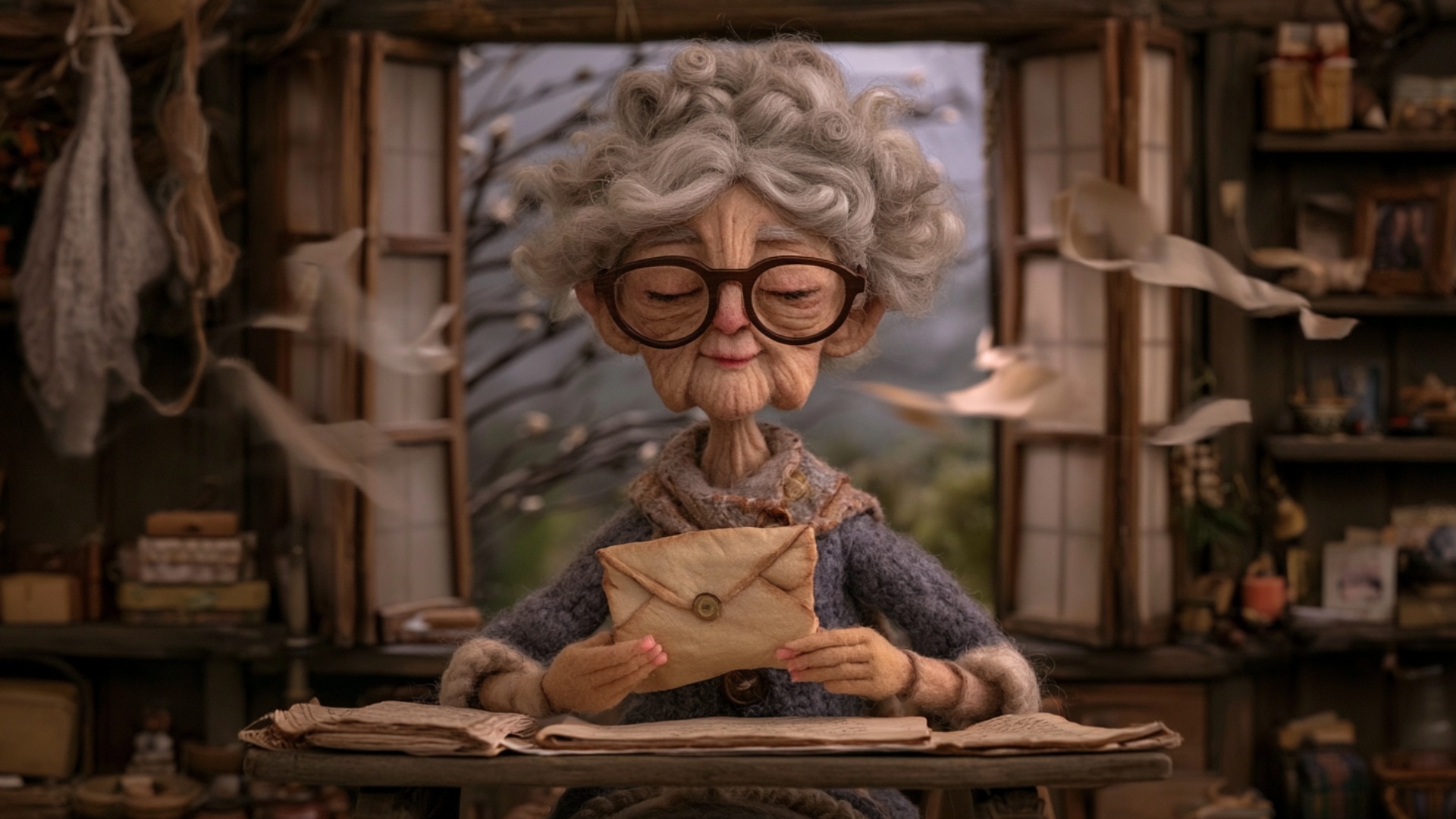 The elderly Japanese woman carefully aligns the folded pages on the desk, slides them fully into ...