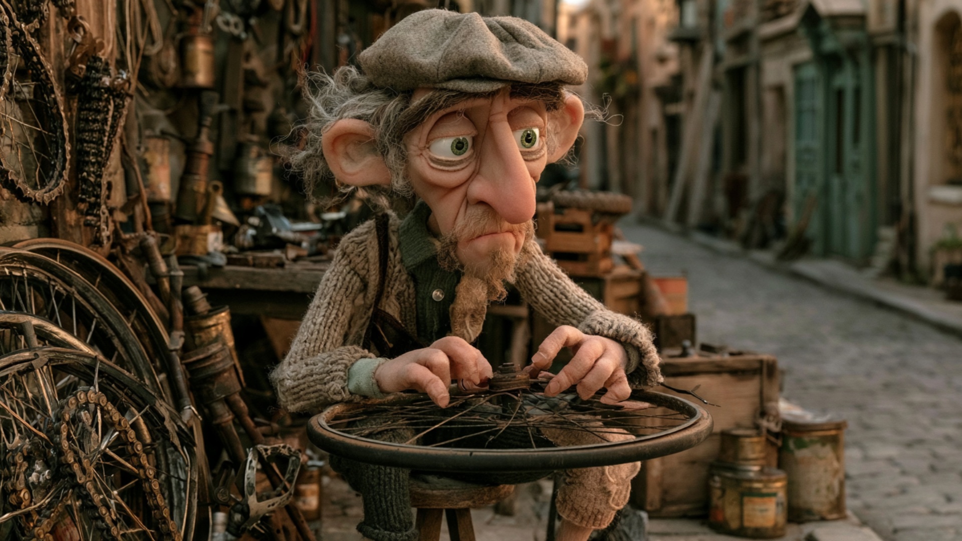 The repairman continues working on the bicycle wheel already resting in front of him. His fingers...