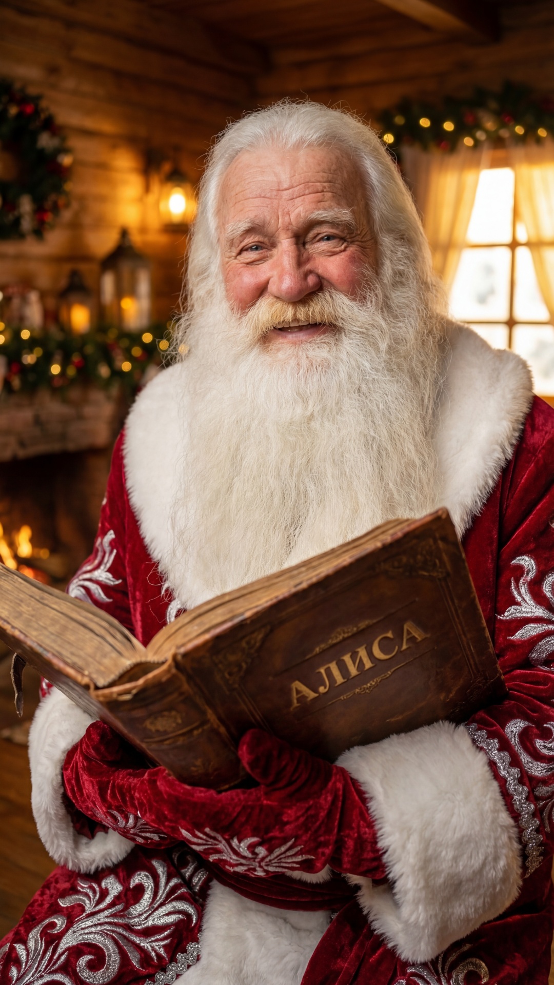 Close-up portrait. Ded Moroz turns his head to face the camera and smiles warmly. He holds a larg...