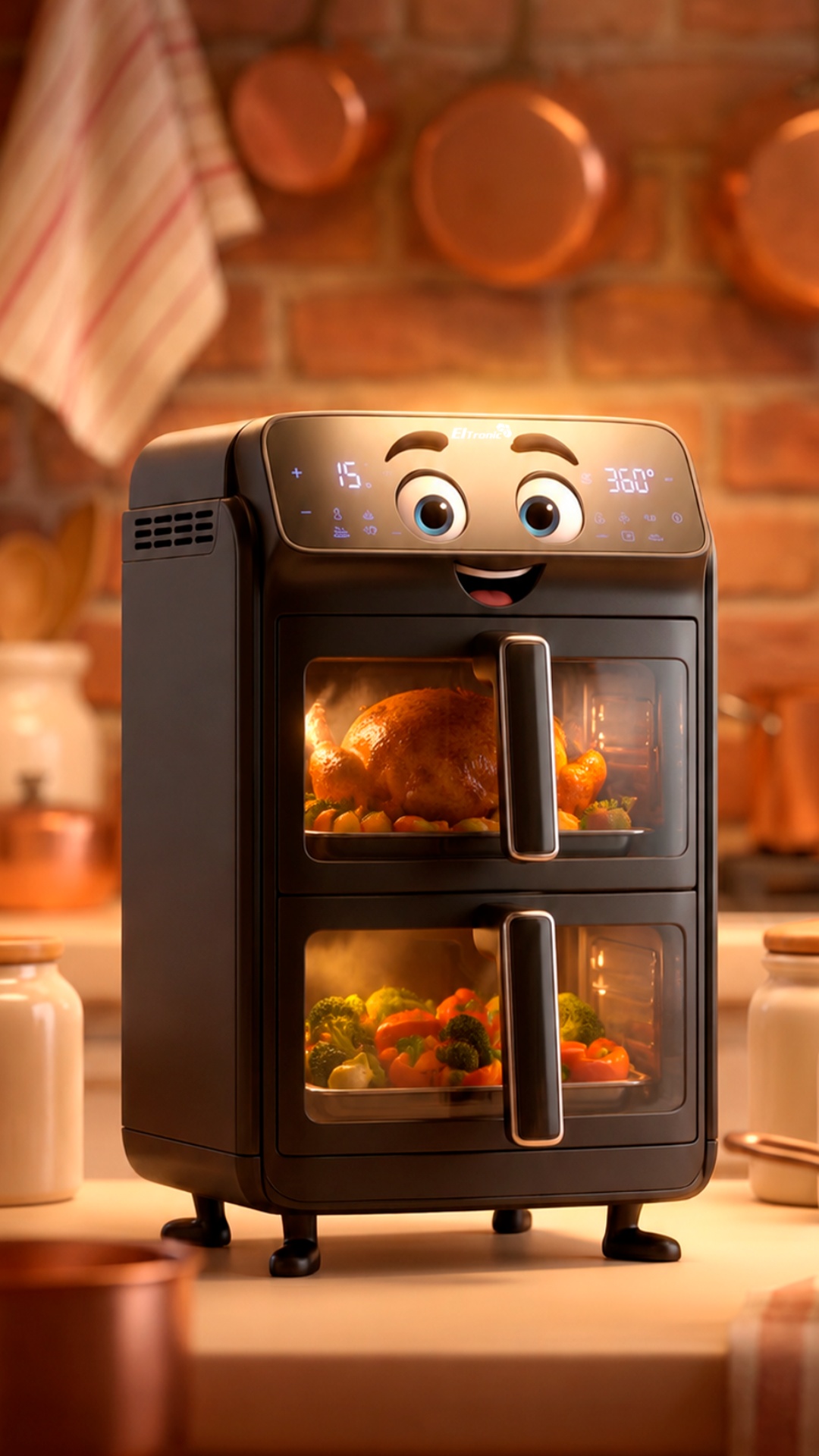 Close-up of the dual-zone air fryer. Display lights up softly, timer starts counting down, gentle...