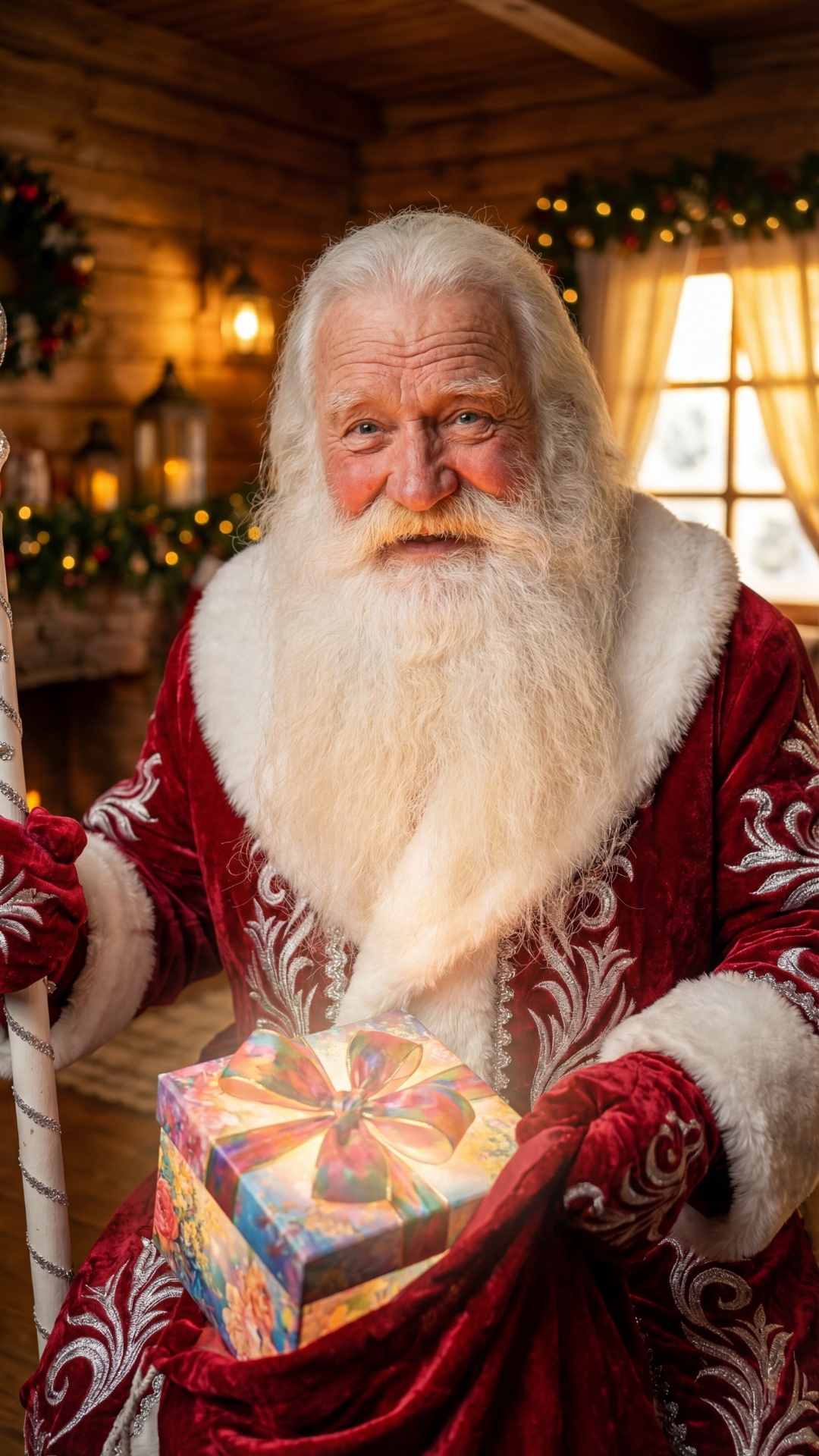 Close-up. Ded Moroz holds the gift box and gently blows on it. Magical golden dust and sparkles f...