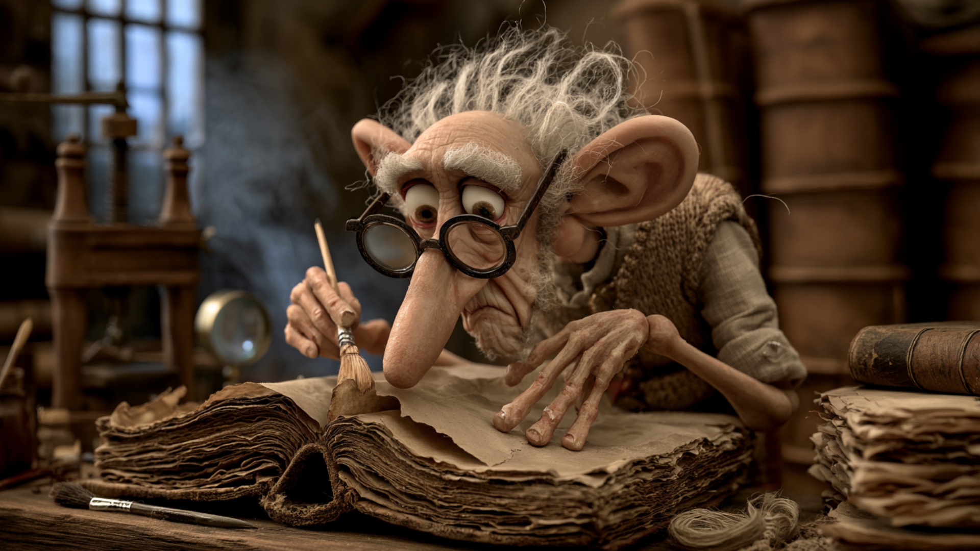 The elderly book restorer works with extreme patience and precision. His tiny brush slowly travel...
