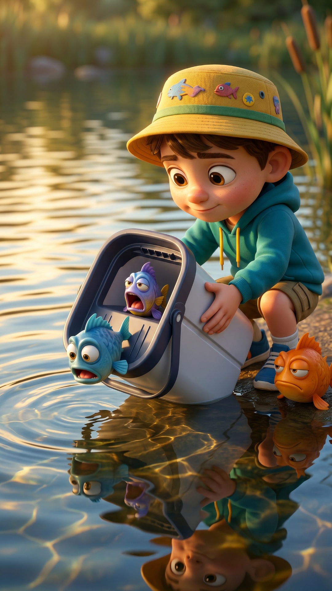 Little boy carefully tilts Eltronic bucket toward water. Cartoon fish slide toward lake nervously...