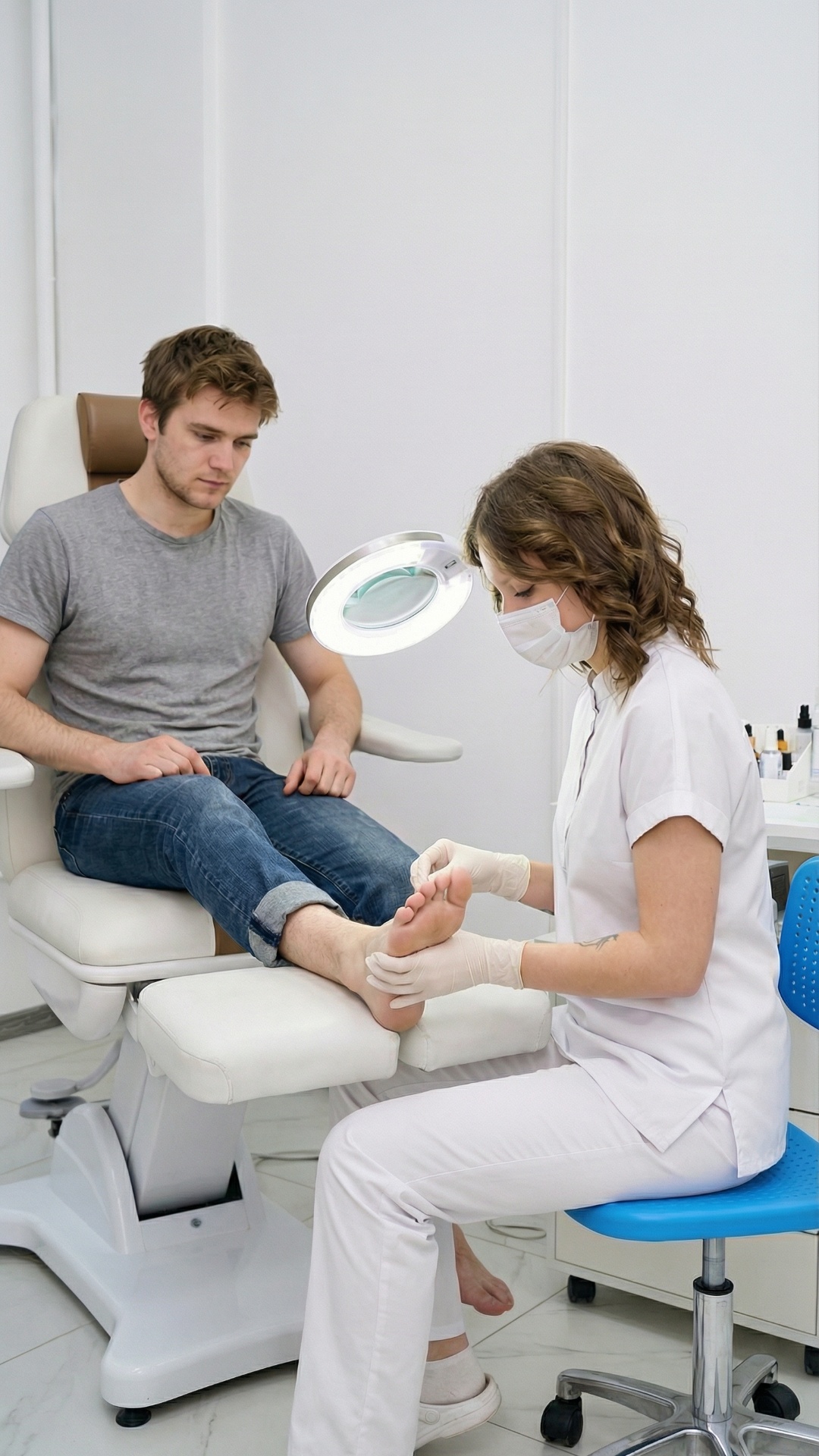 female specialist gently examining client’s foot, small careful hand movements, slight head tilt,...