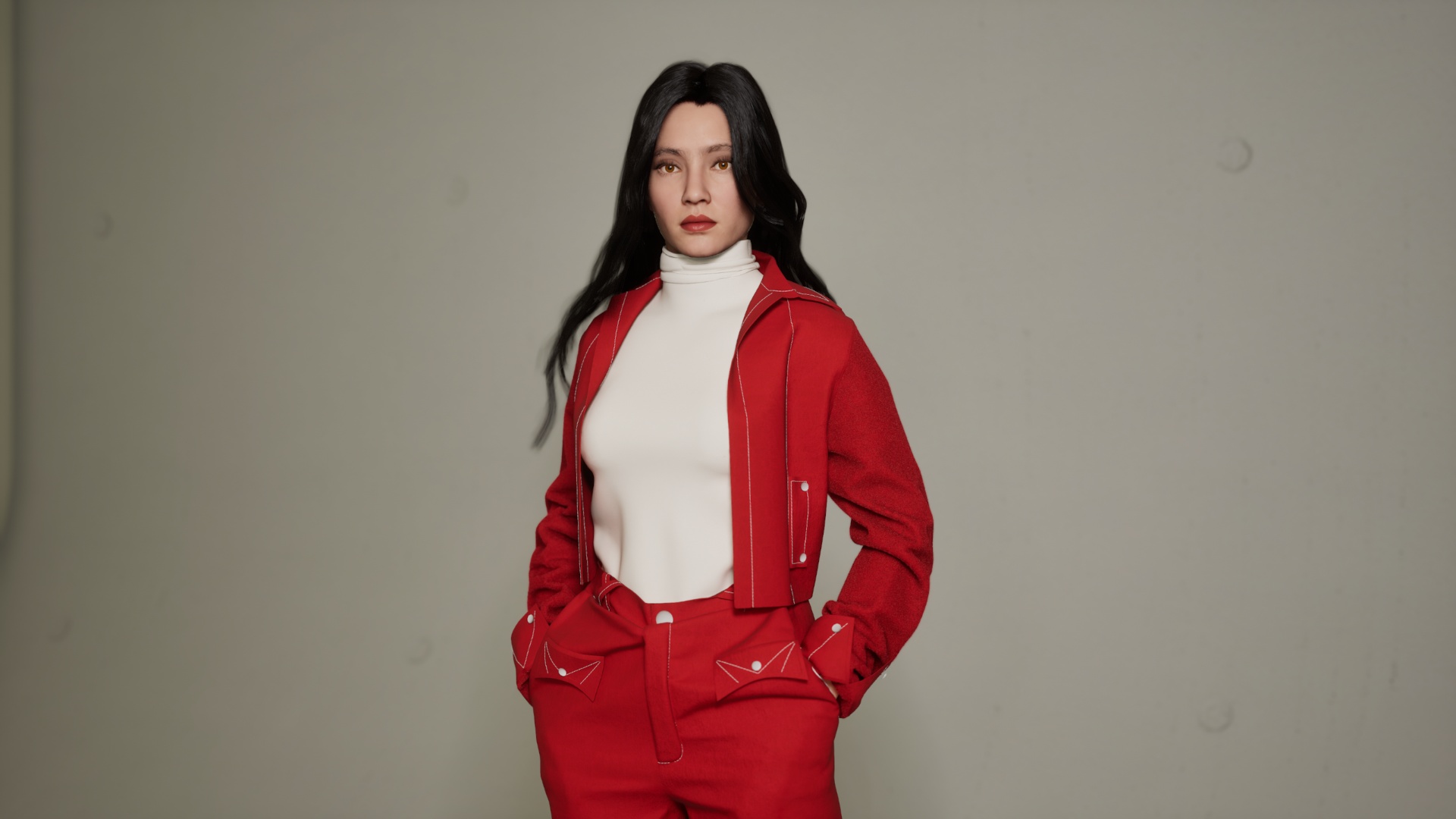 Generate a single, continuous 10s cinematic shot for epic fashion ad in minimalist studio with gr...