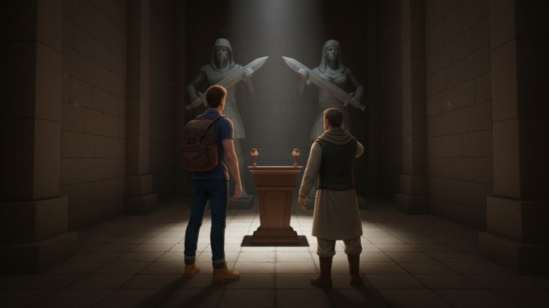 Les deux personnages qui tournent le dos a la camera avancent doucement a la limite de la lumiere...