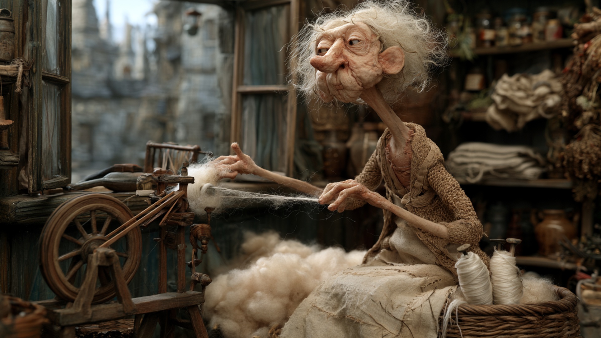 The elderly woman draws the fluffy wool outward with both hands, stretching it into a long even s...