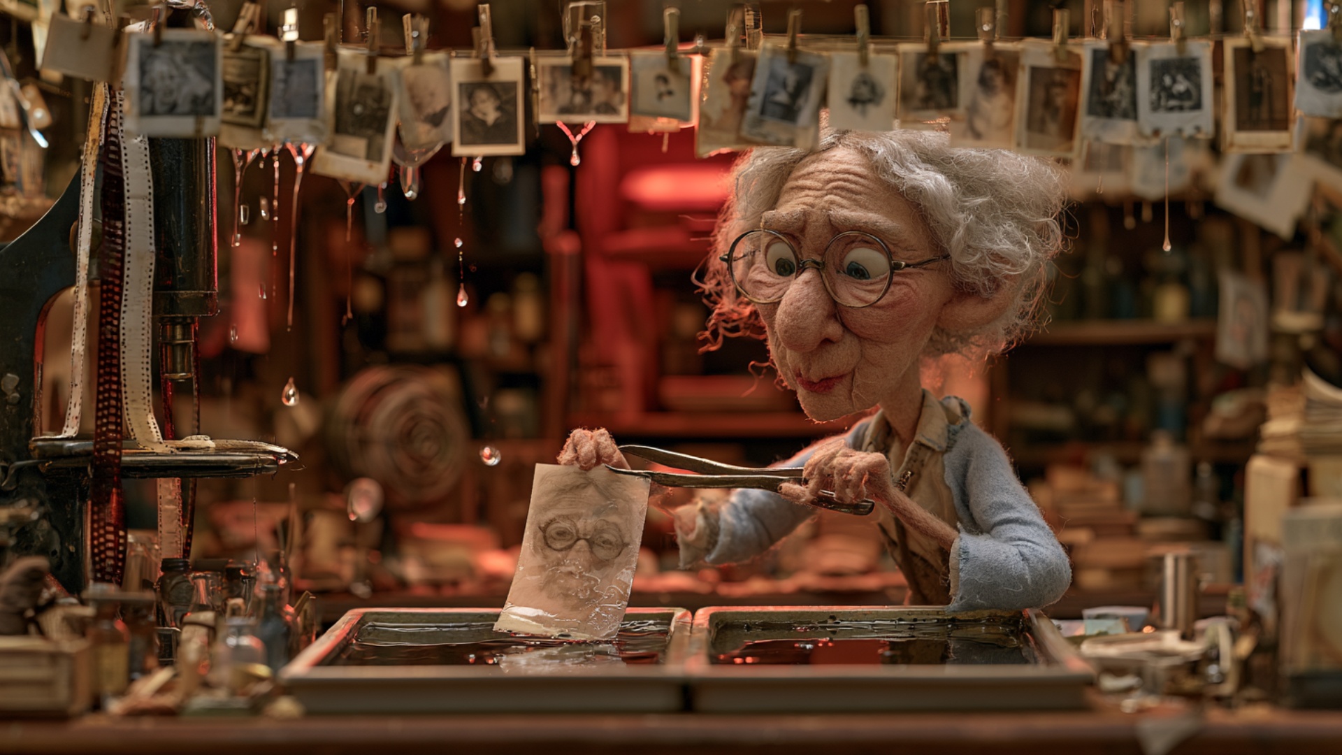 The elderly woman lifts the developed photograph fully clear of the tray with the tongs, lets the...