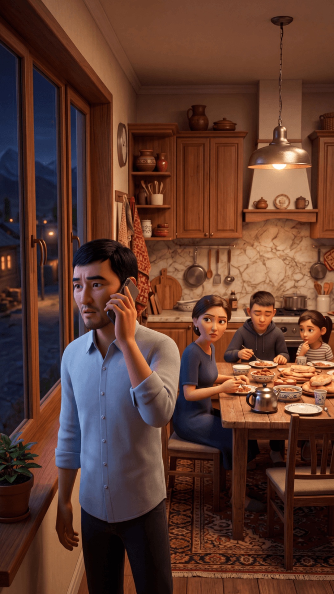 Animated cartoon kitchen scene, stylized characters, warm cozy lighting, no realism, no image ref...