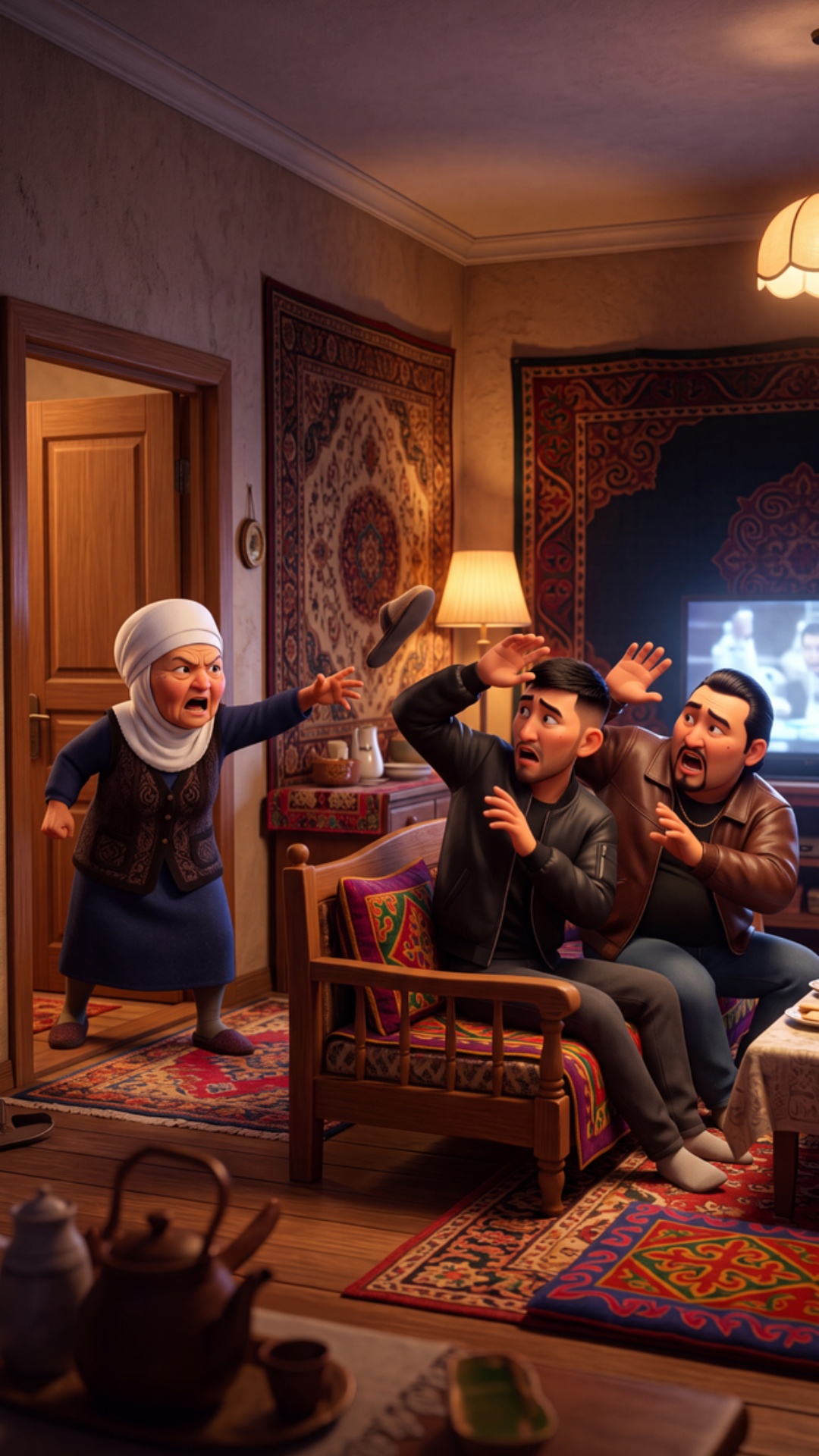 "No one speaks in this entire clip, all mouths closed. Kyrgyz home living room at evening, warm l...