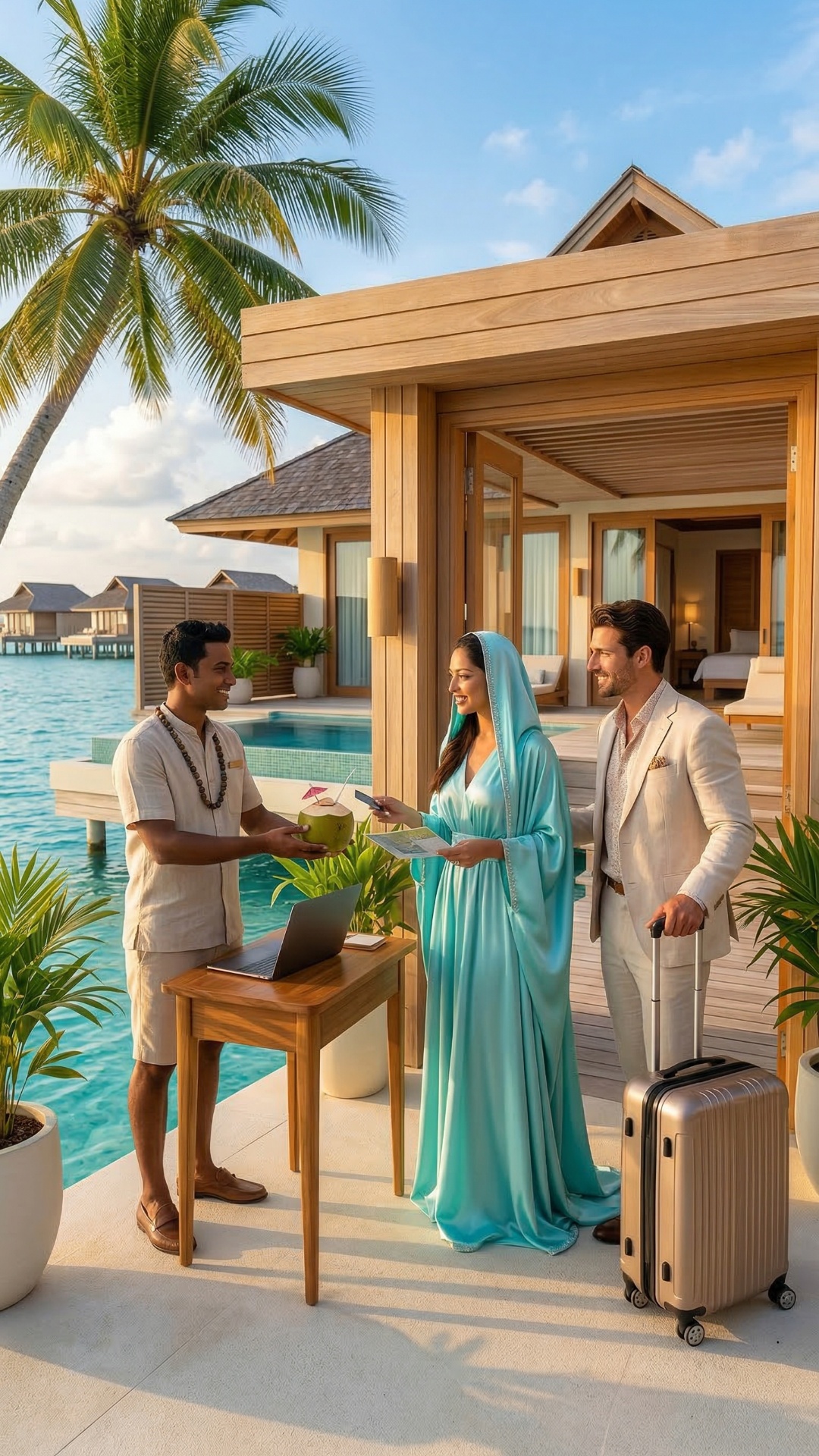 receptionist gives a key to a couple and couple drinks coconut in lobby