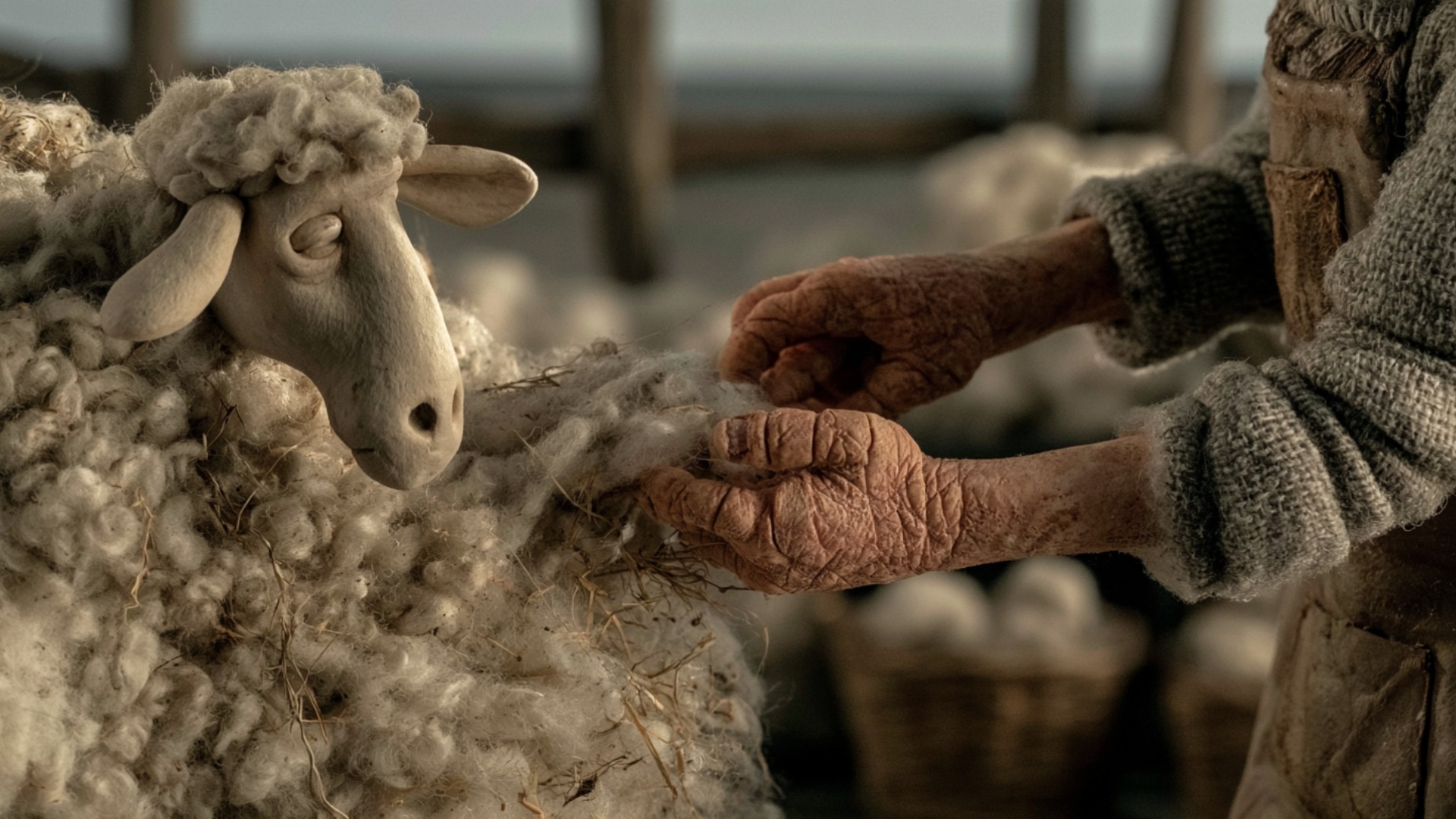 The weathered hands part the thick fleece wider, lifting one dense curl and rubbing the wool gent...