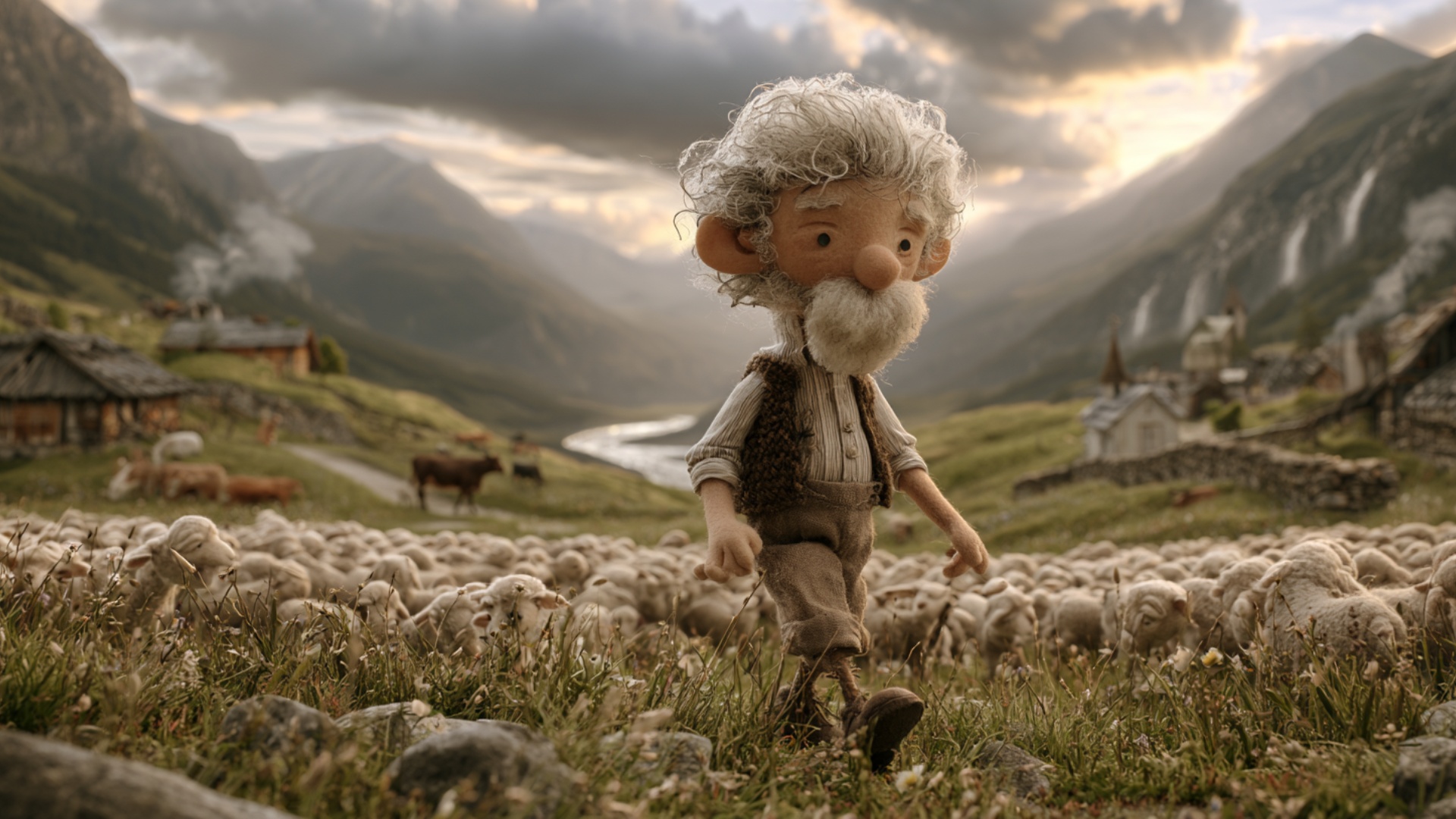 The elderly shepherd continues walking forward through the existing flock, taking several steady ...