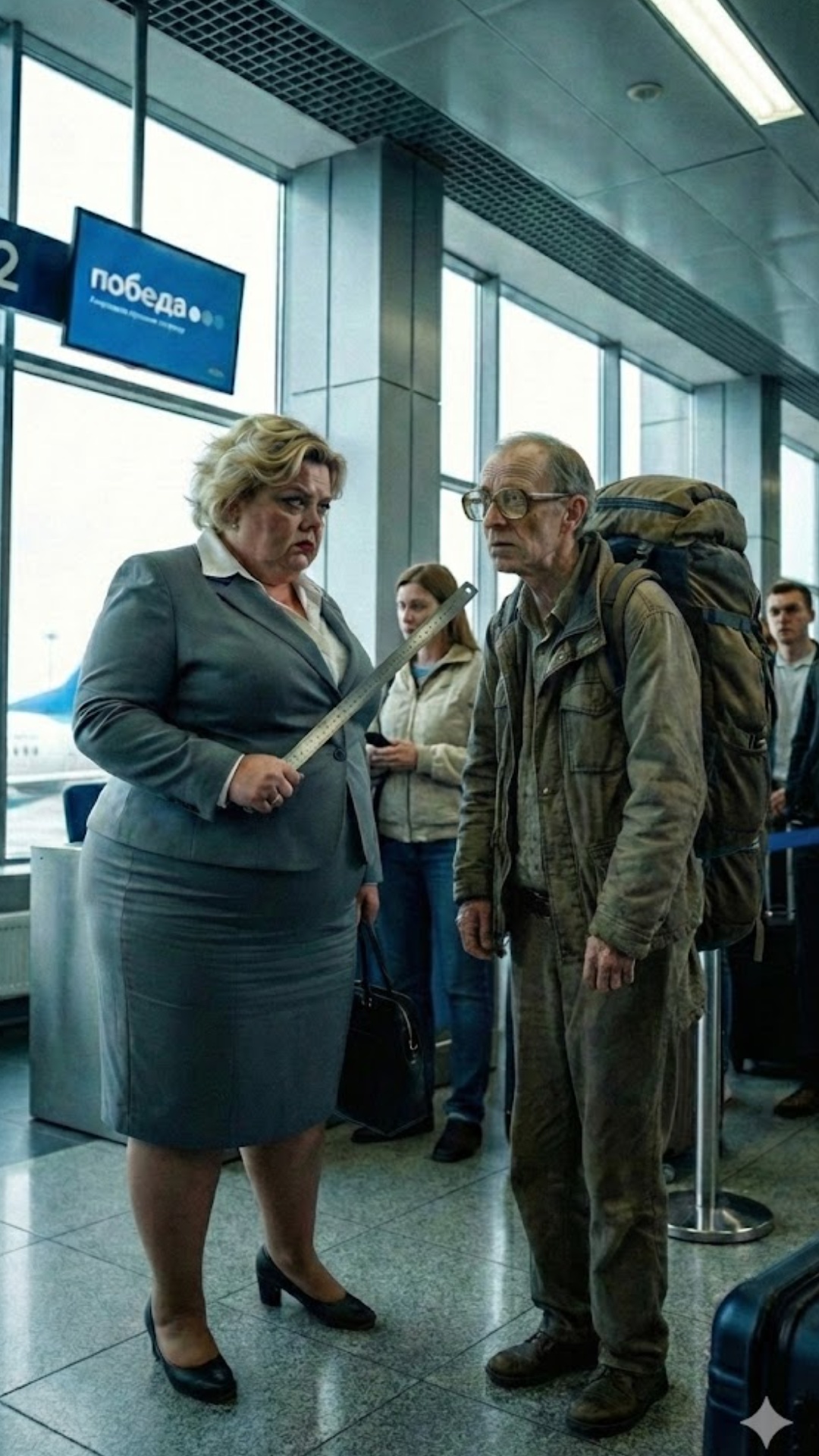 A cinematic video clip, shot on 35mm film with grain. Inside a busy airport terminal near a blue ...