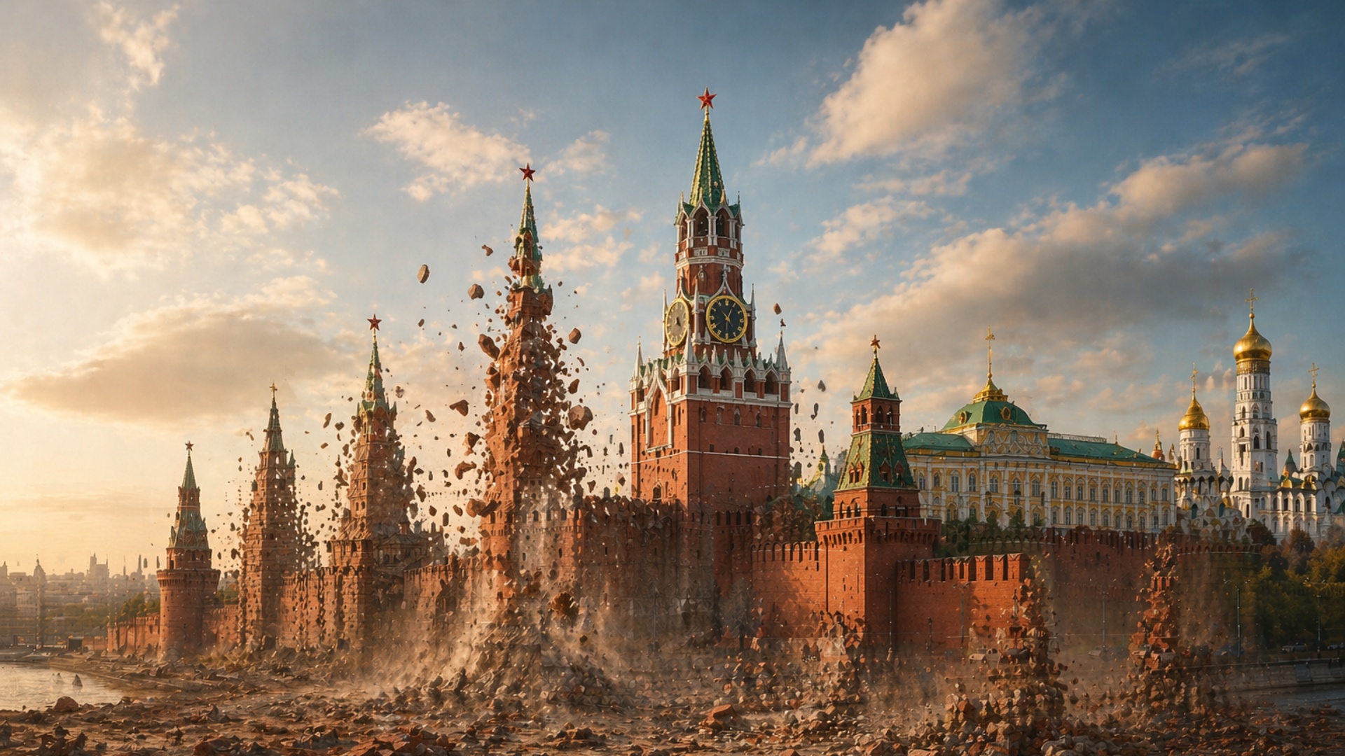 Modern Moscow Kremlin assembling from collapsed fragments rising from the ground, scattered debri...