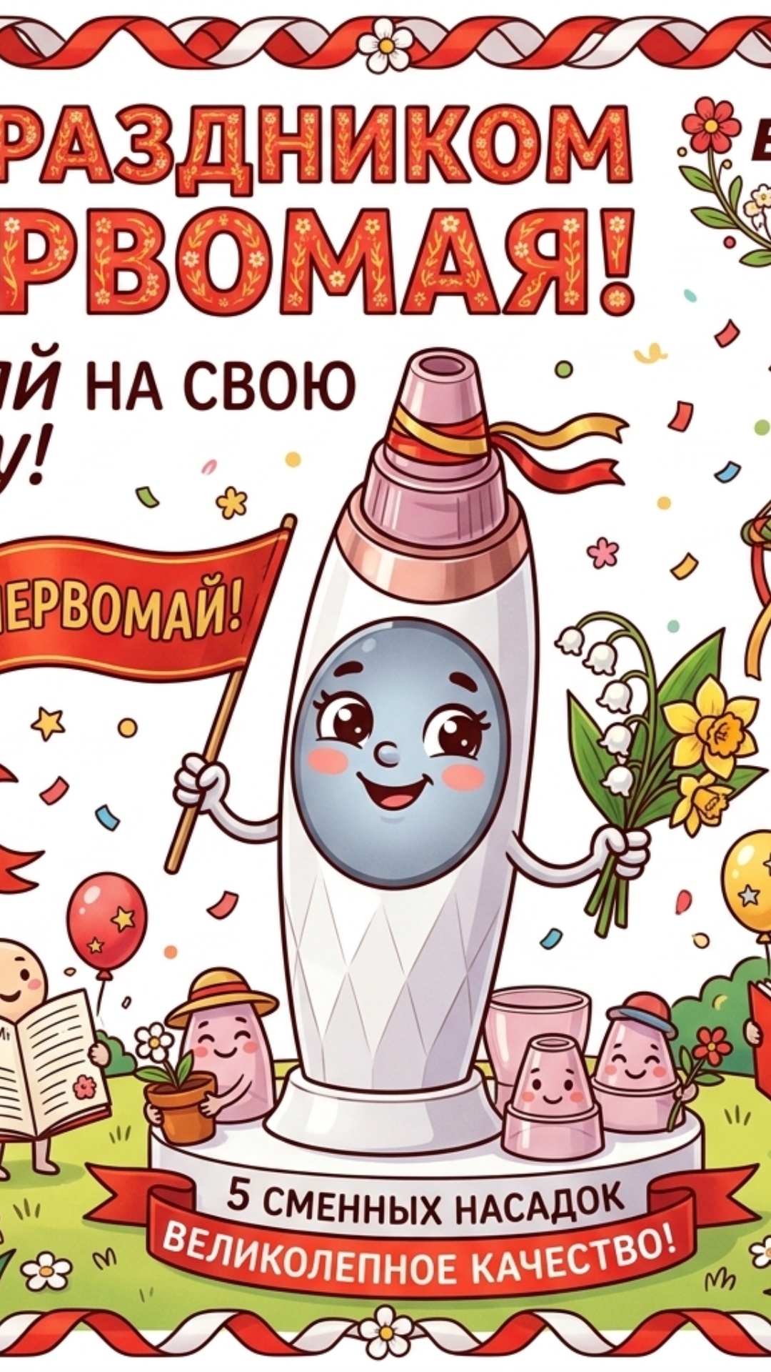 Сделай открытку к первому мая, вакуумный аппарат возьми с референса и воодушеви, чтоб были глаза,...