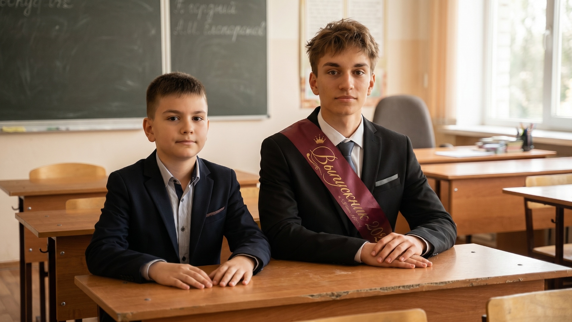 "Animate the scene from the uploaded image. Make the older student gently pull the younger boy cl...
