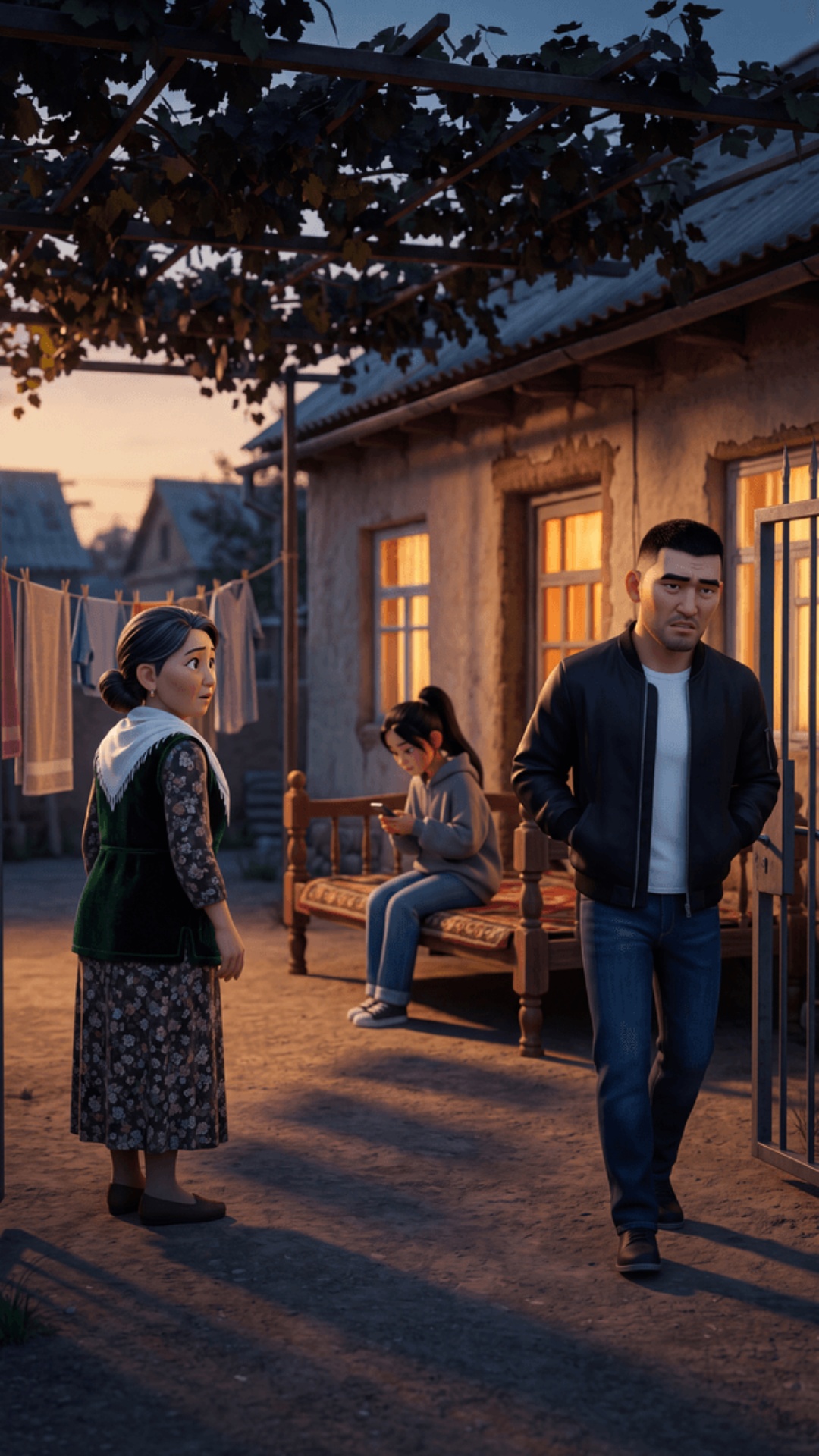 "Nurlan, 30-year-old Kyrgyz man, black hair fade, stubble, black bomber jacket, white t-shirt, je...