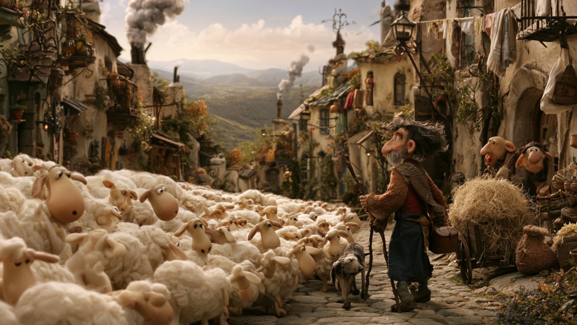 The large flock advances along the cobblestone street toward the foreground, sheep weaving natura...
