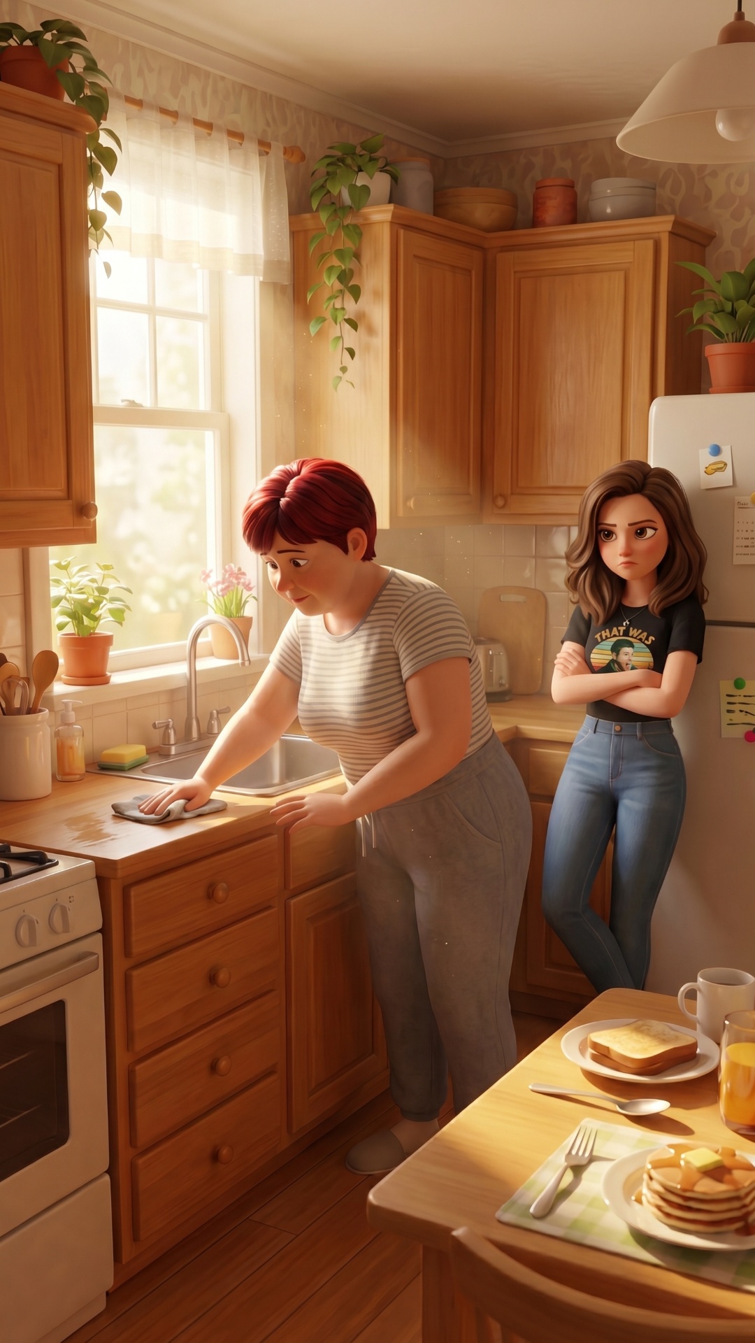 Pixar-quality 3D animation, vertical 9:16, cozy apartment kitchen, daytime, warm home atmosphere....