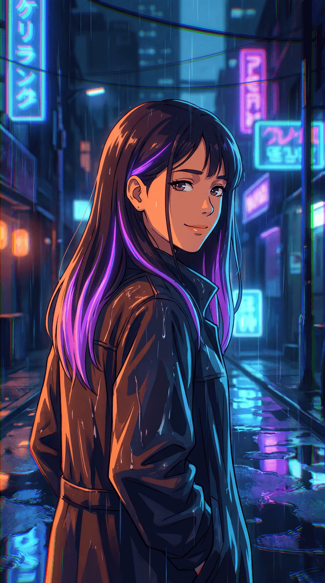 Camera slowly circles around the girl standing in a neon alley. As the movement continues, the sc...