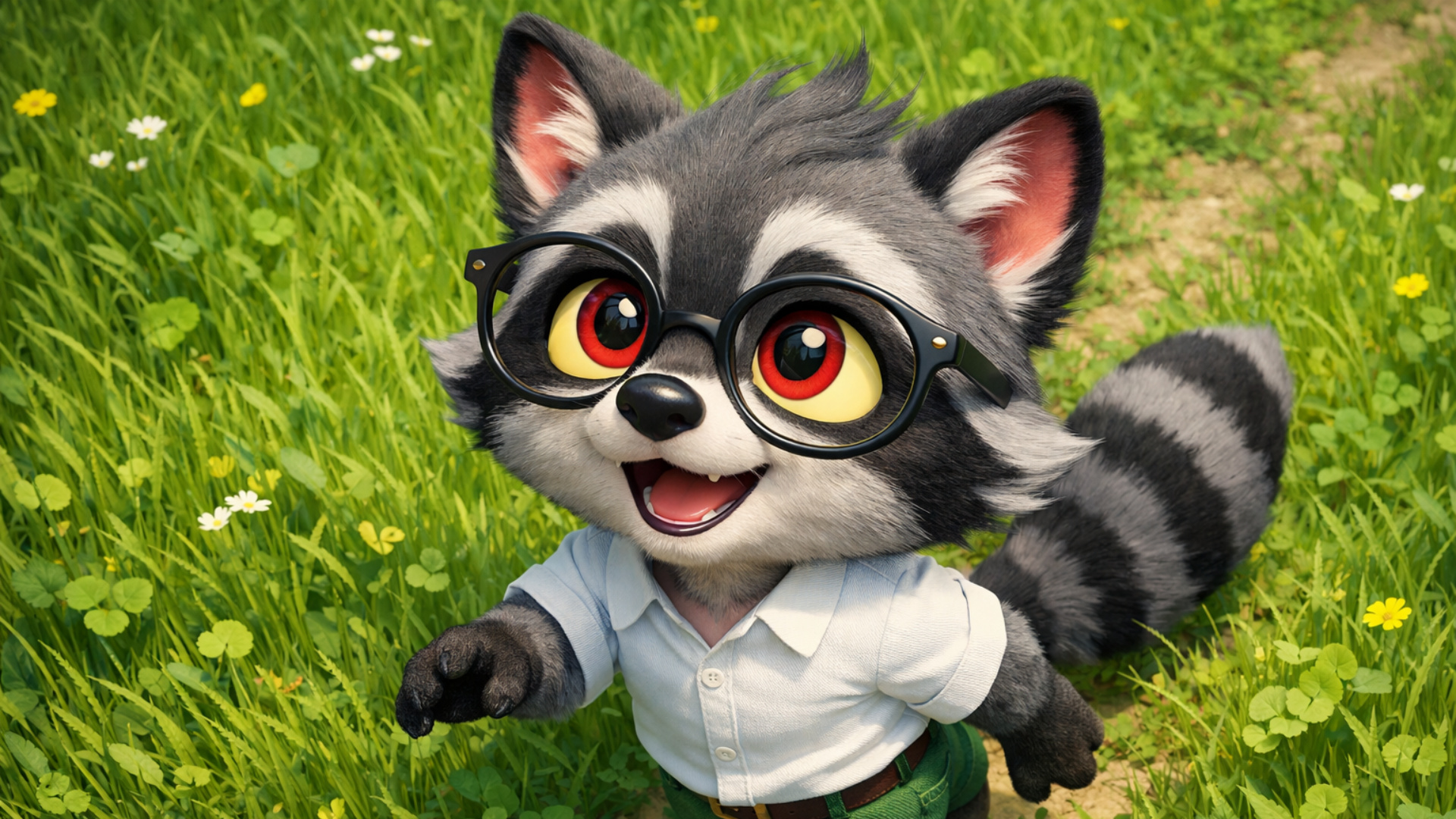 3d fluid expressive animation of an anthro raccoon kid talking curiously while walking