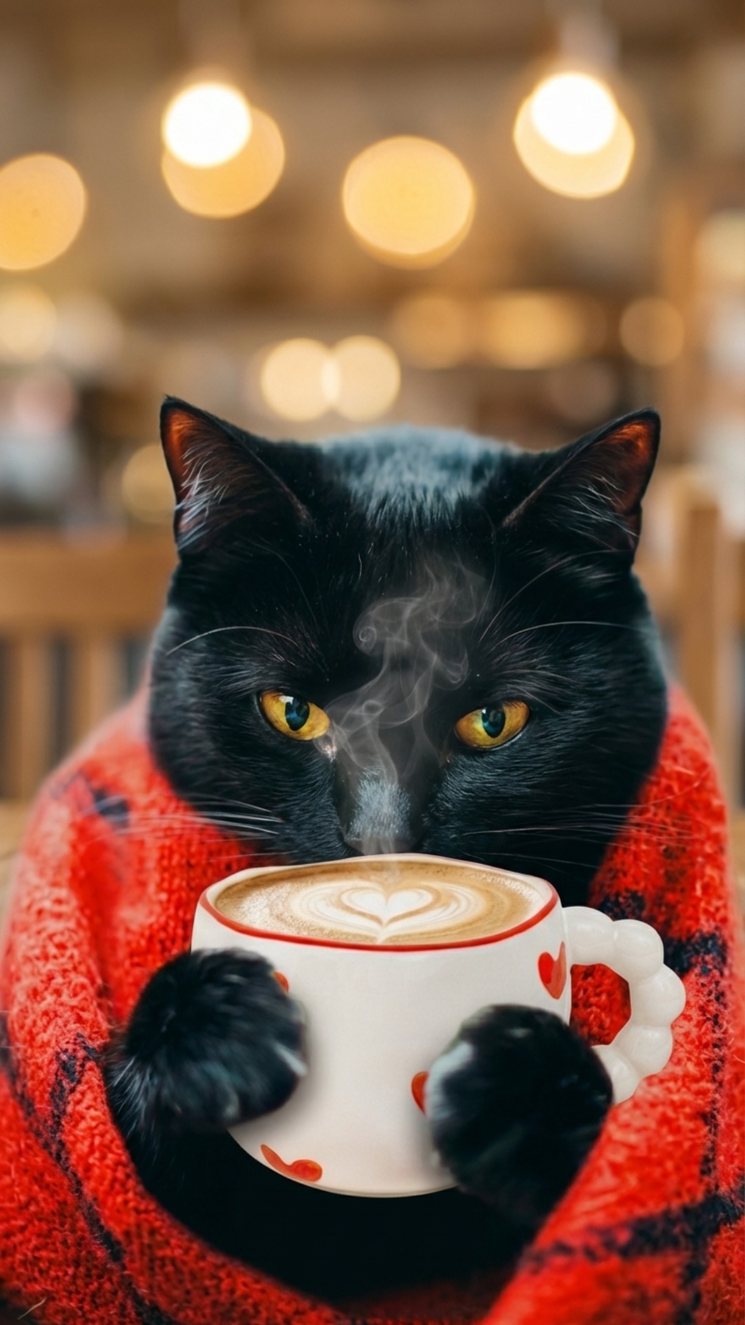 cozy cinematic animation, black cat wrapped in a red knitted blanket holding a cup of hot coffee ...
