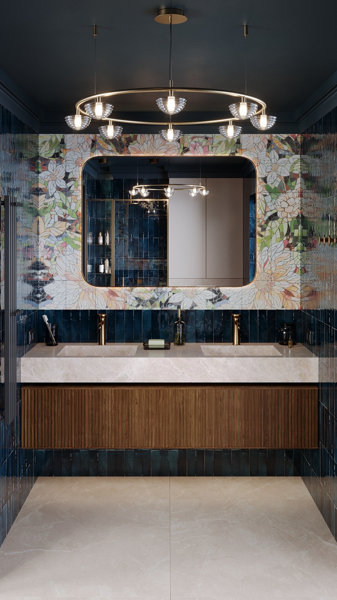 Veo prompt:
Camera moves slowly forward and slightly upward toward the double sink area. At the b...