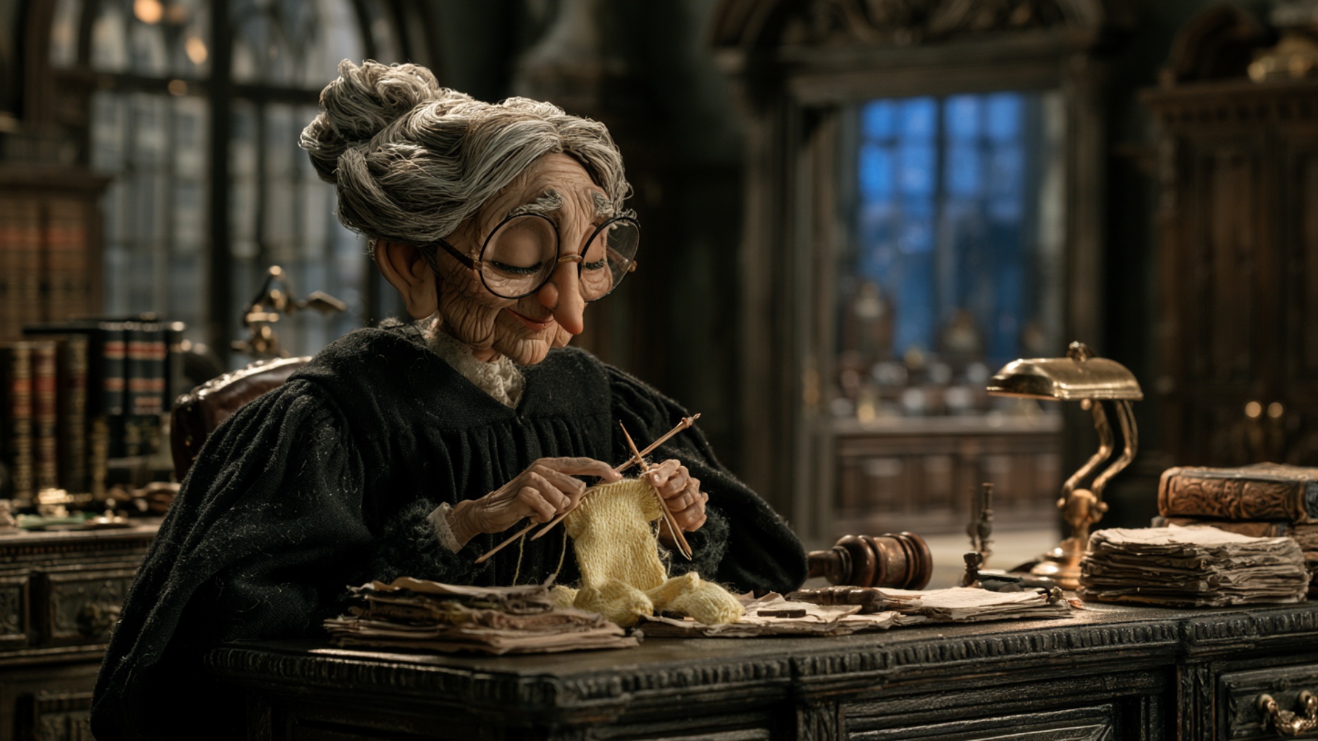 Single continuous 5-second cinematic shot. The judge calmly makes several small knitting movement...
