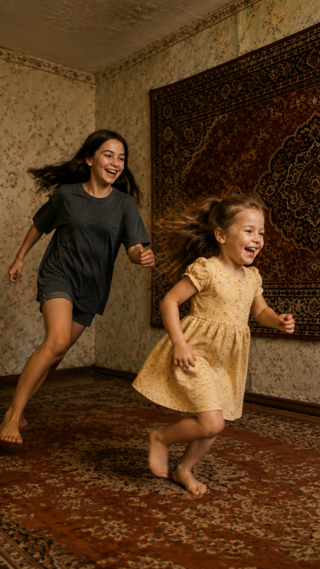 Scene description: Two girls, a 5-year-old and a 15-year-old, play a joyful game of chase in a la...