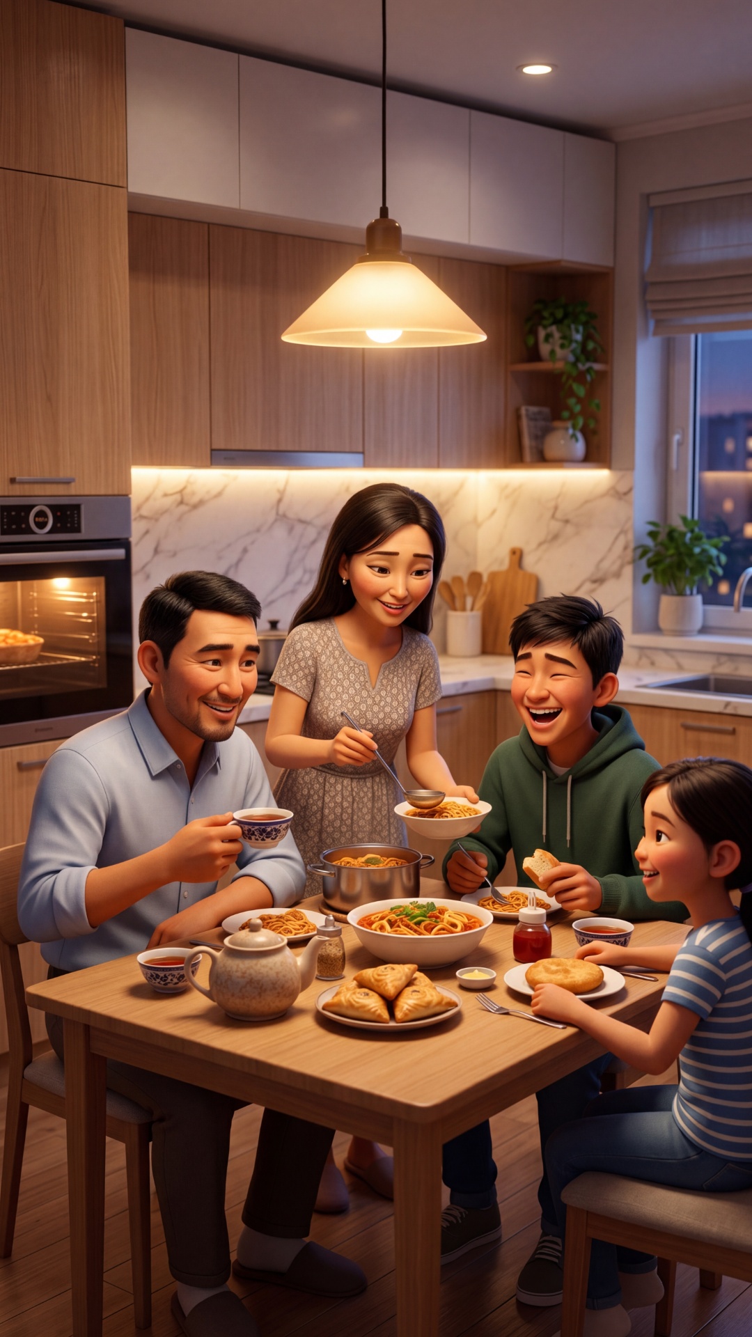 realistic 3D cinematic, pixar style 80%, warm кыргыз kitchen, family sitting at dinner table, coz...