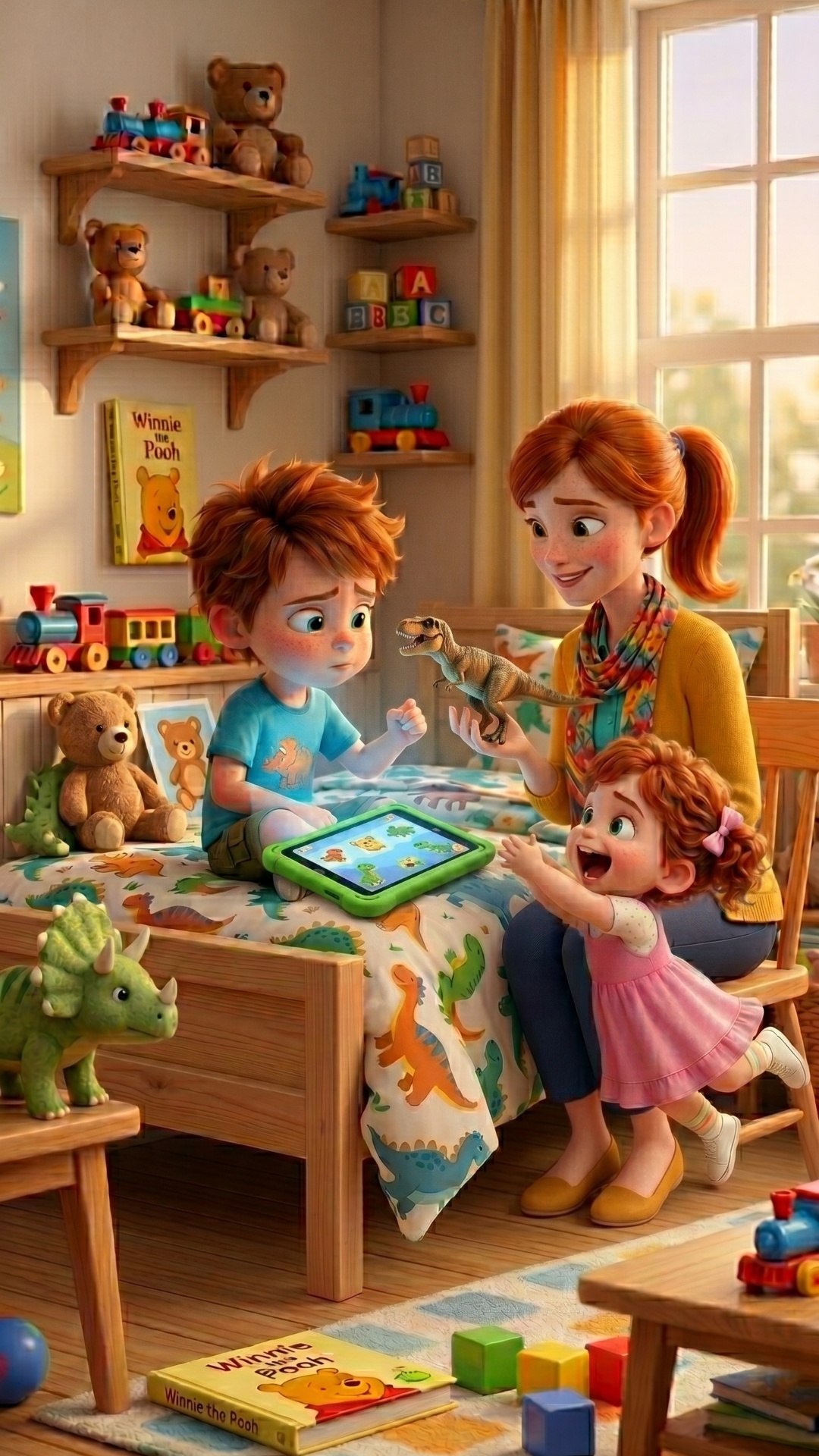 3D animation, Pixar style. A cheerful and fun scene in a nursery. Start state: Sonya is standing ...