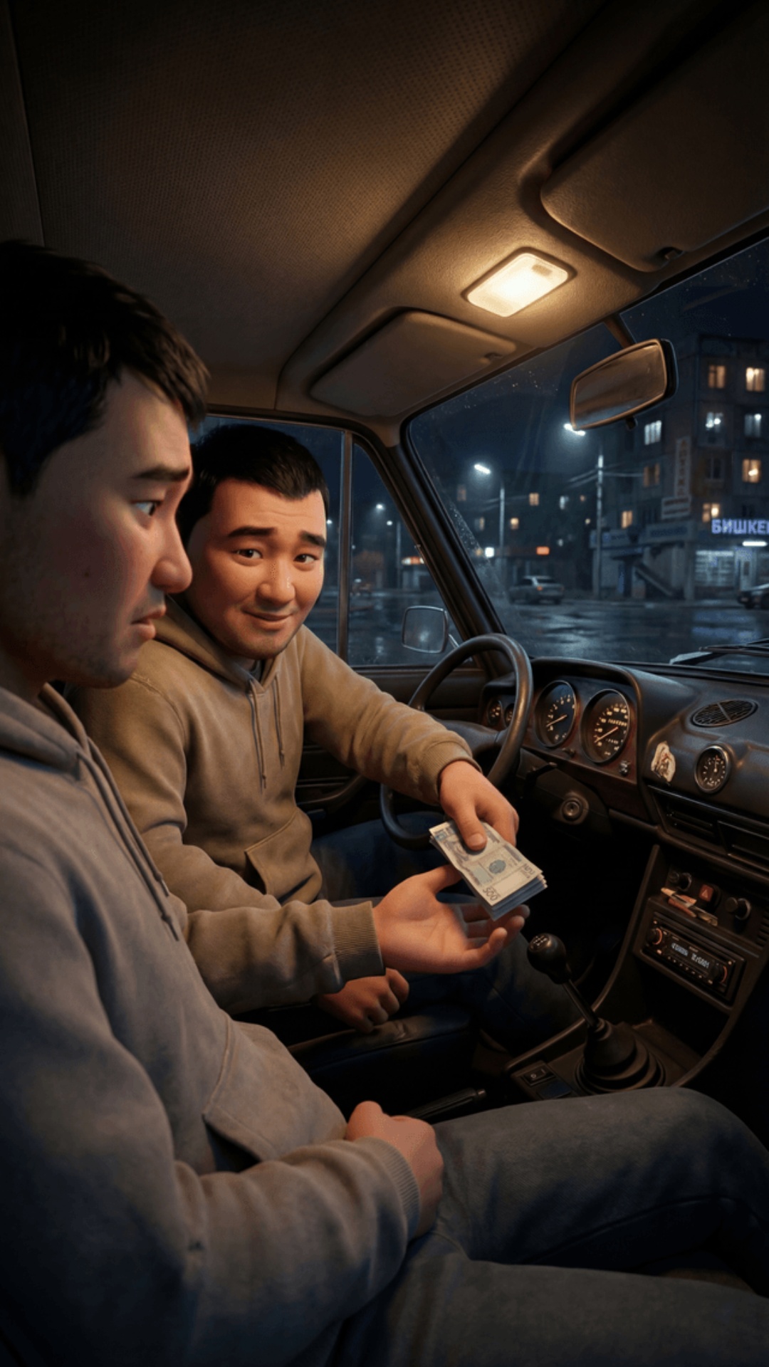 Vertical 9:16 video.

Inside a parked car at night in Bishkek. Soft interior light. Azamat look...