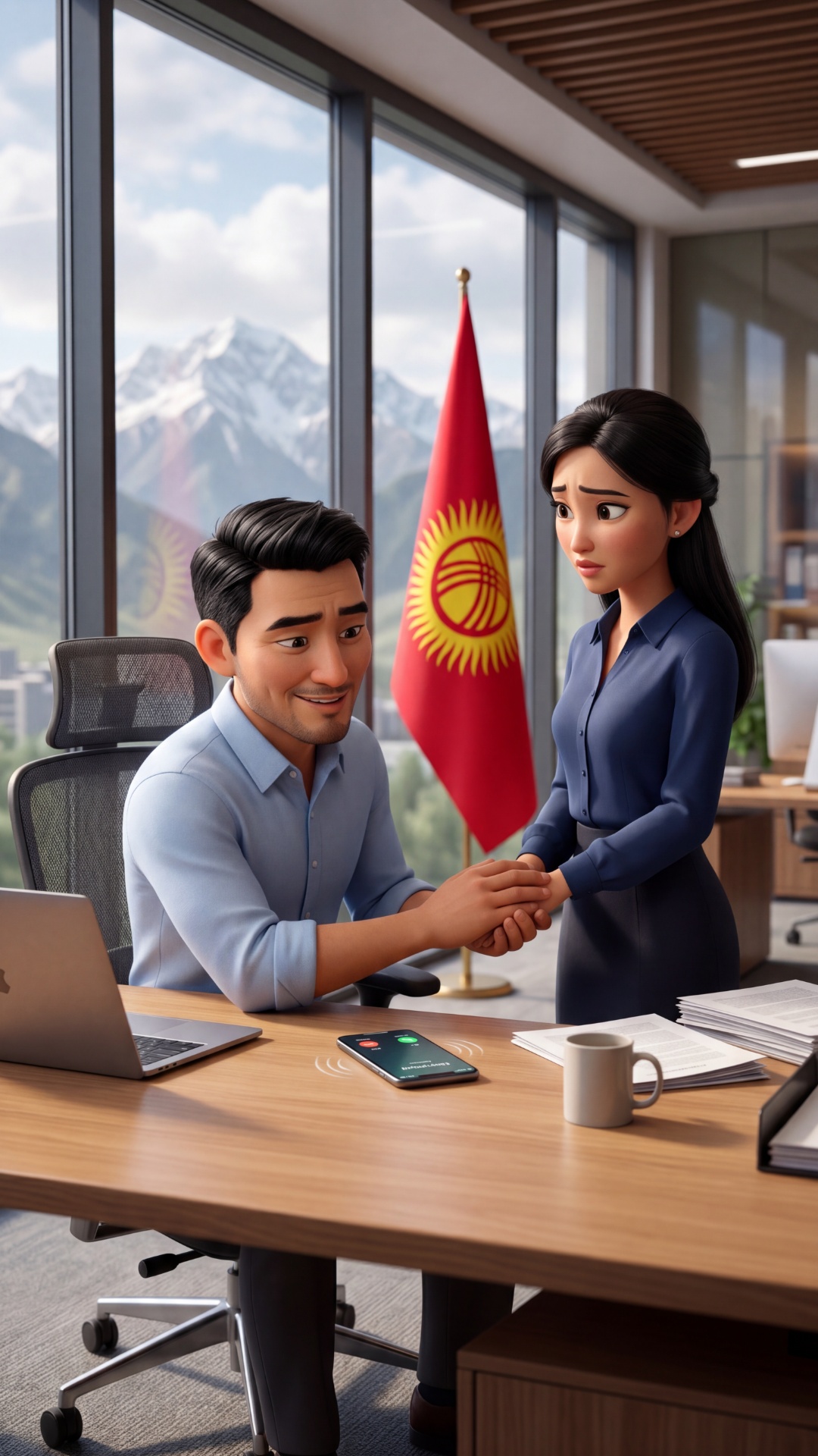Animated stylized office scene, 70% cartoon style, 30% realism, modern office in Kyrgyzstan, larg...