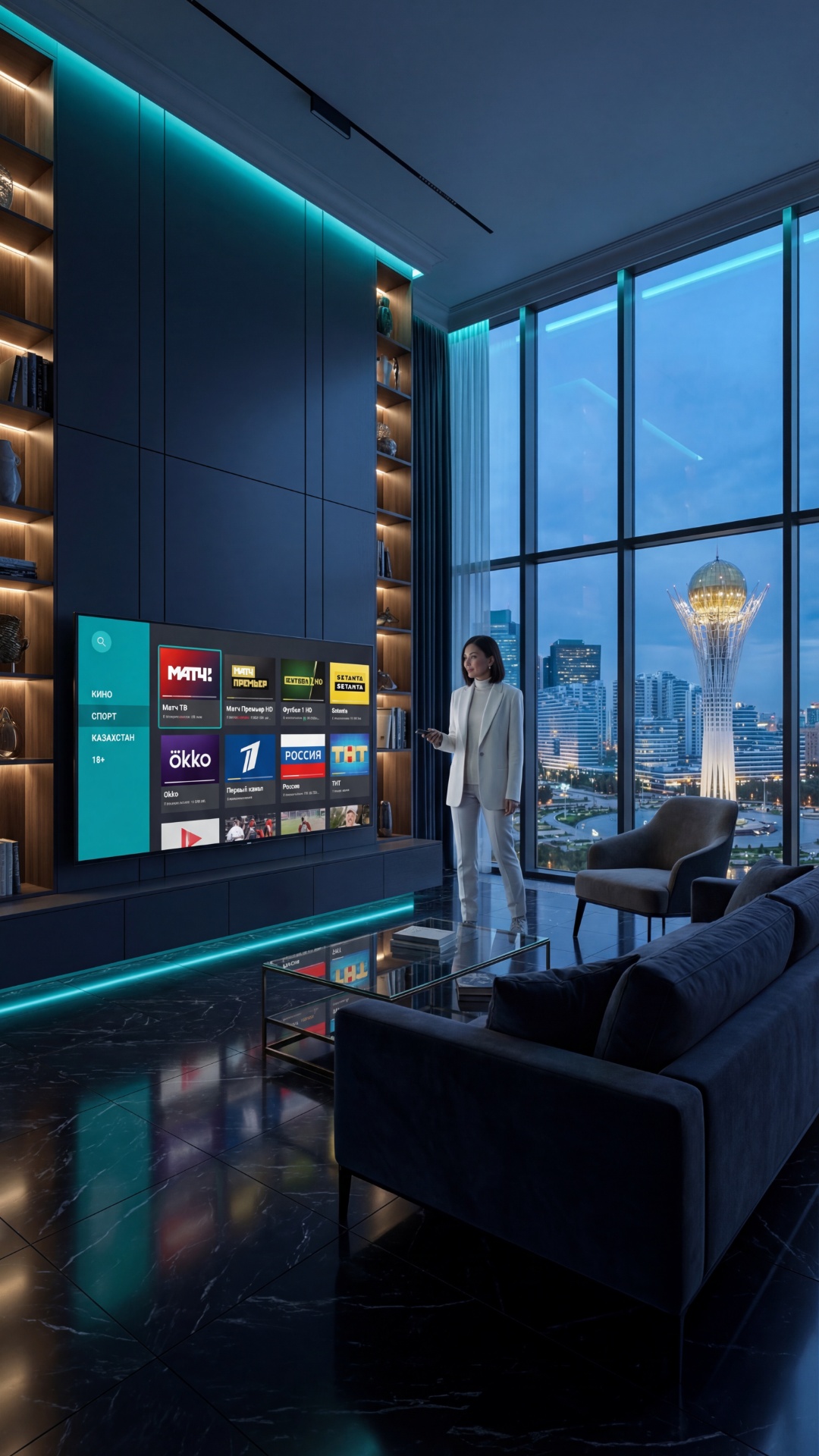 Она смотрит в камеру и говорит:

«У тебя есть Smart TV и интернет?»

Текст появляется на экране.