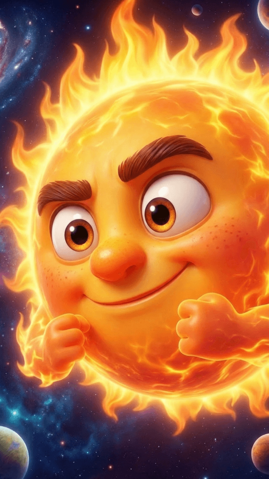 The Sun @image1, animated as a masculine or genderless fiery face, says the: " Эй, Земля!" in a d...