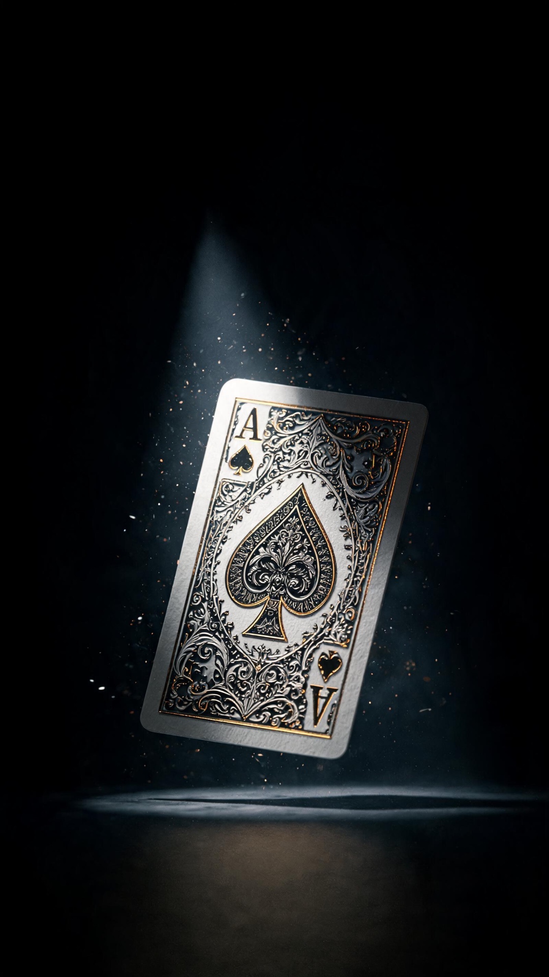 Extreme macro shot of an ornate Ace of Spades card slowly rotating in darkness, intricate black e...