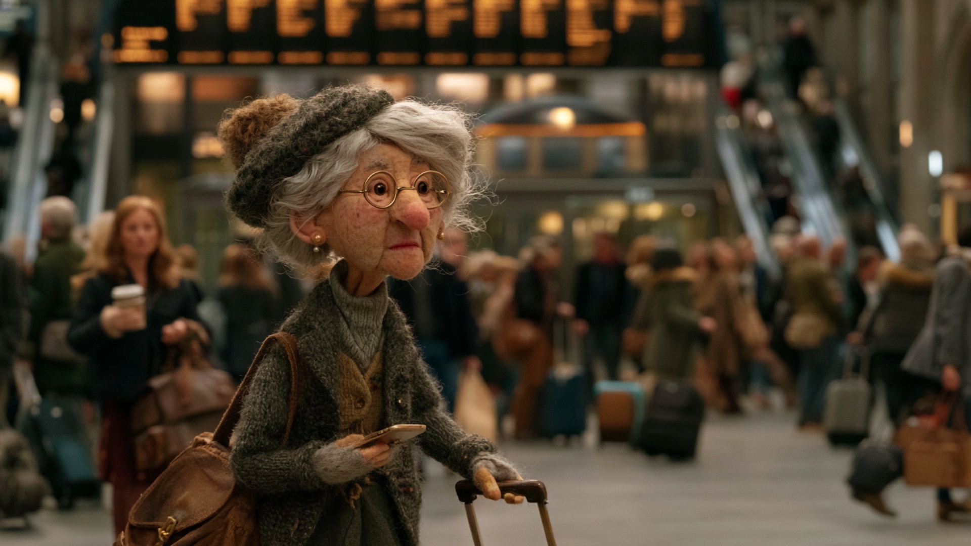 The elderly woman walks steadily forward while pulling her suitcase with one hand and holding her...